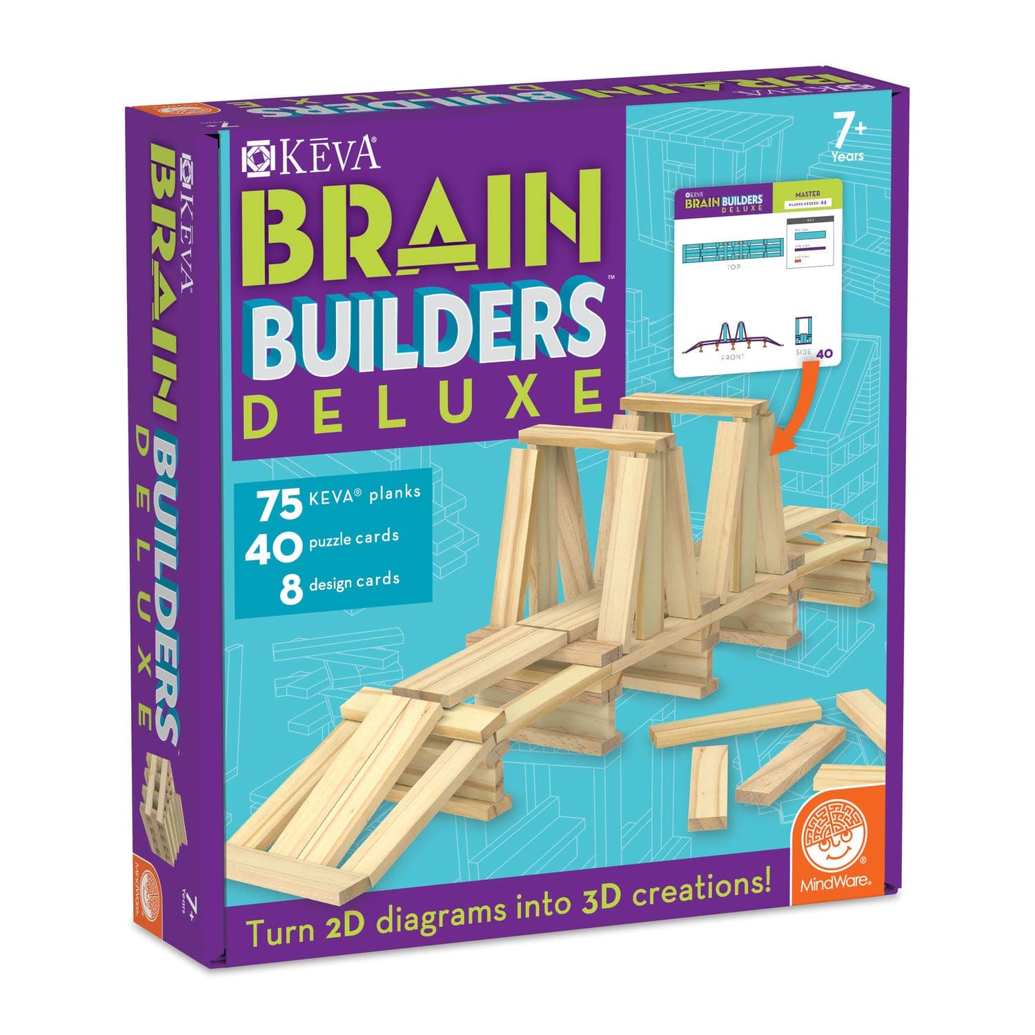 Keva Brain Builders Deluxe: STEM Building Toy Includes 75 KEVA Planks, 40 Puzzle Cards, 8 Design Cards, 3D Building Skills for Kids - Ages 7+