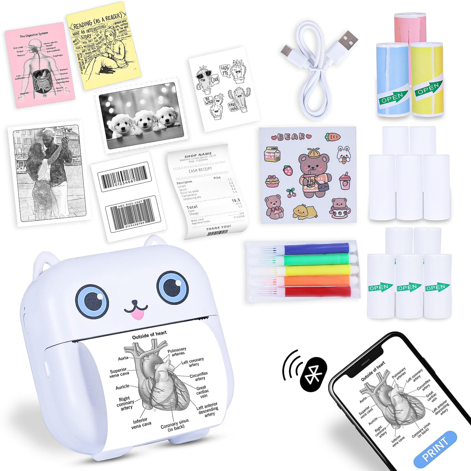 X15 Mini Printer Colour Print, Bluetooth Thermal Printer | Portable Ink-Free Label Printer for Android & iOS | Includes 13 Rolls | 1-Year Warranty