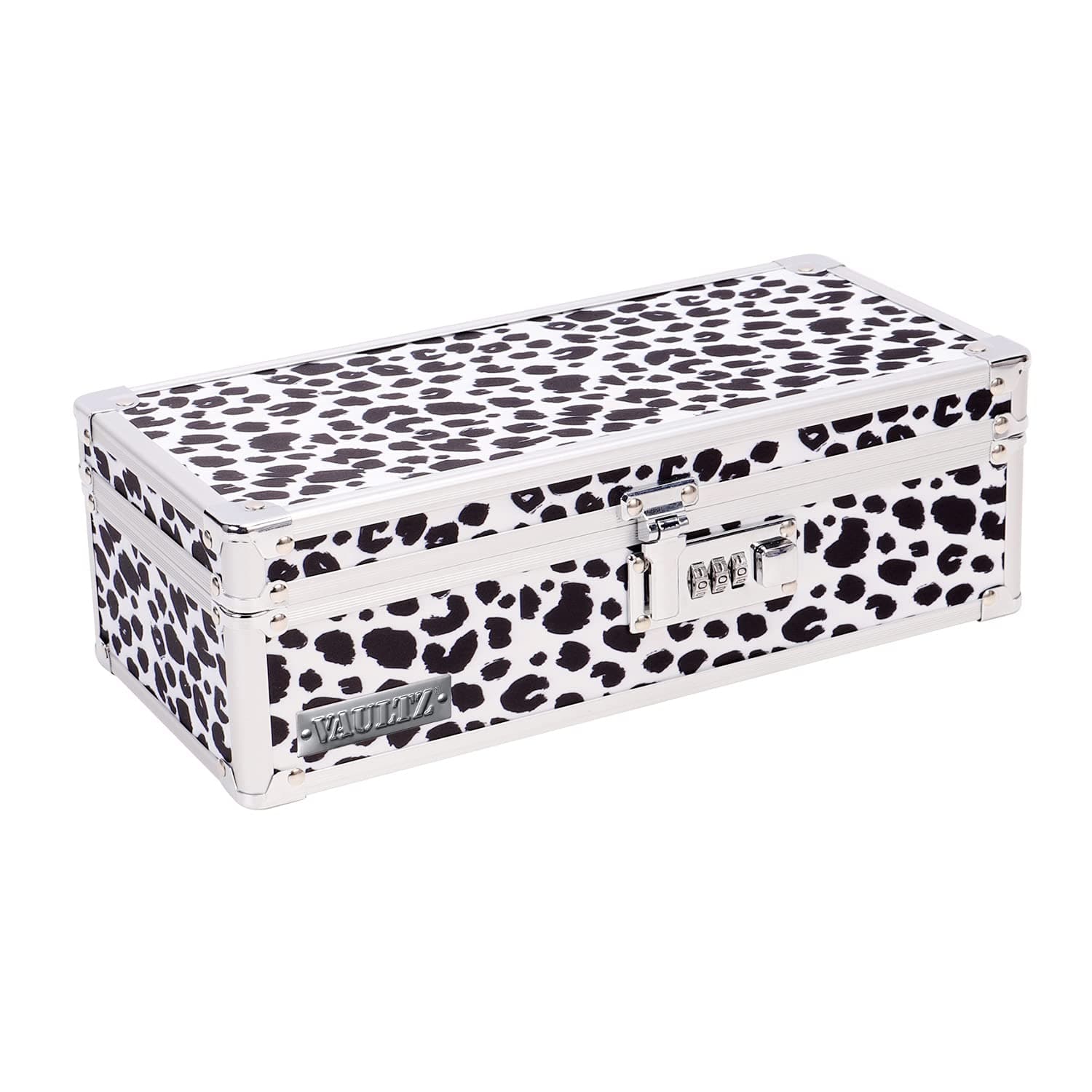 VaultzLocking Medicine Storage Box with Combination Lock, 3.75 x 11.88 x 5.25 Inches, Black & White Leopard (VZ03966)