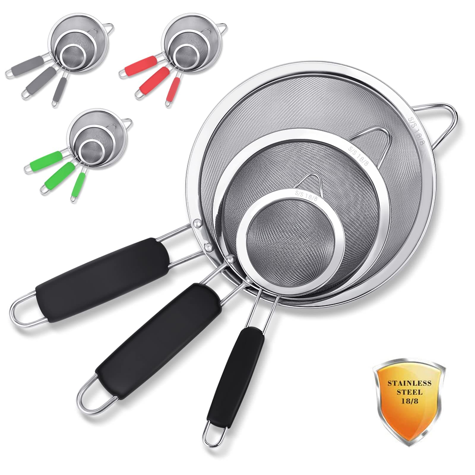 3 Pack Stainless Steel 18/8 Extra Fine Mesh Strainers, Large, Medium & Small Sifters with Comfortable & Non Slip Handles, Ideal for Pasta, Rice, Tea, Spaghetti, Quinoa, Baking