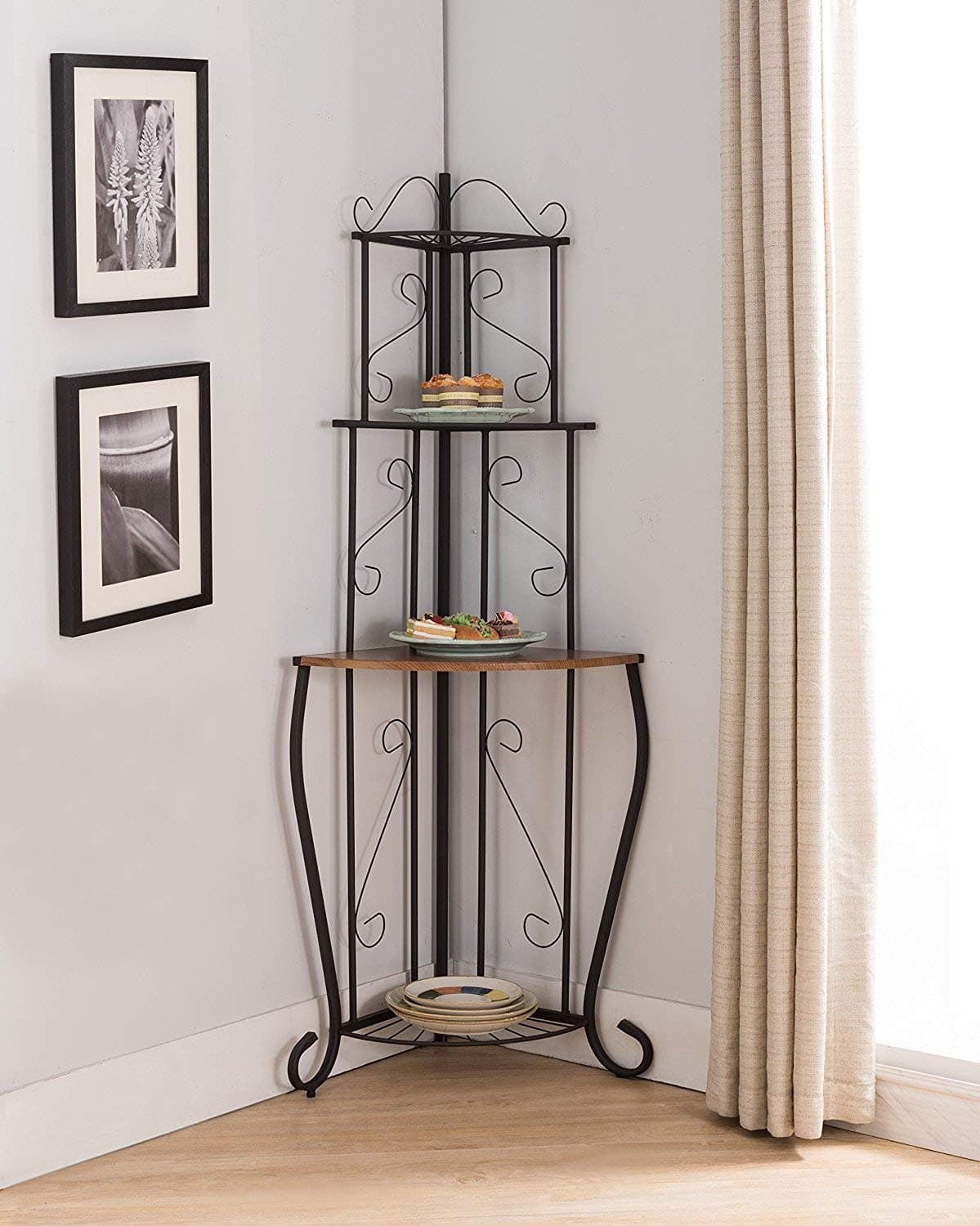 Pilaster Designs Tedor Transitional 4 Tier Freestanding Corner Kitchen Bakers Rack with Black Metal Frame and Walnut Wood Center Shelf