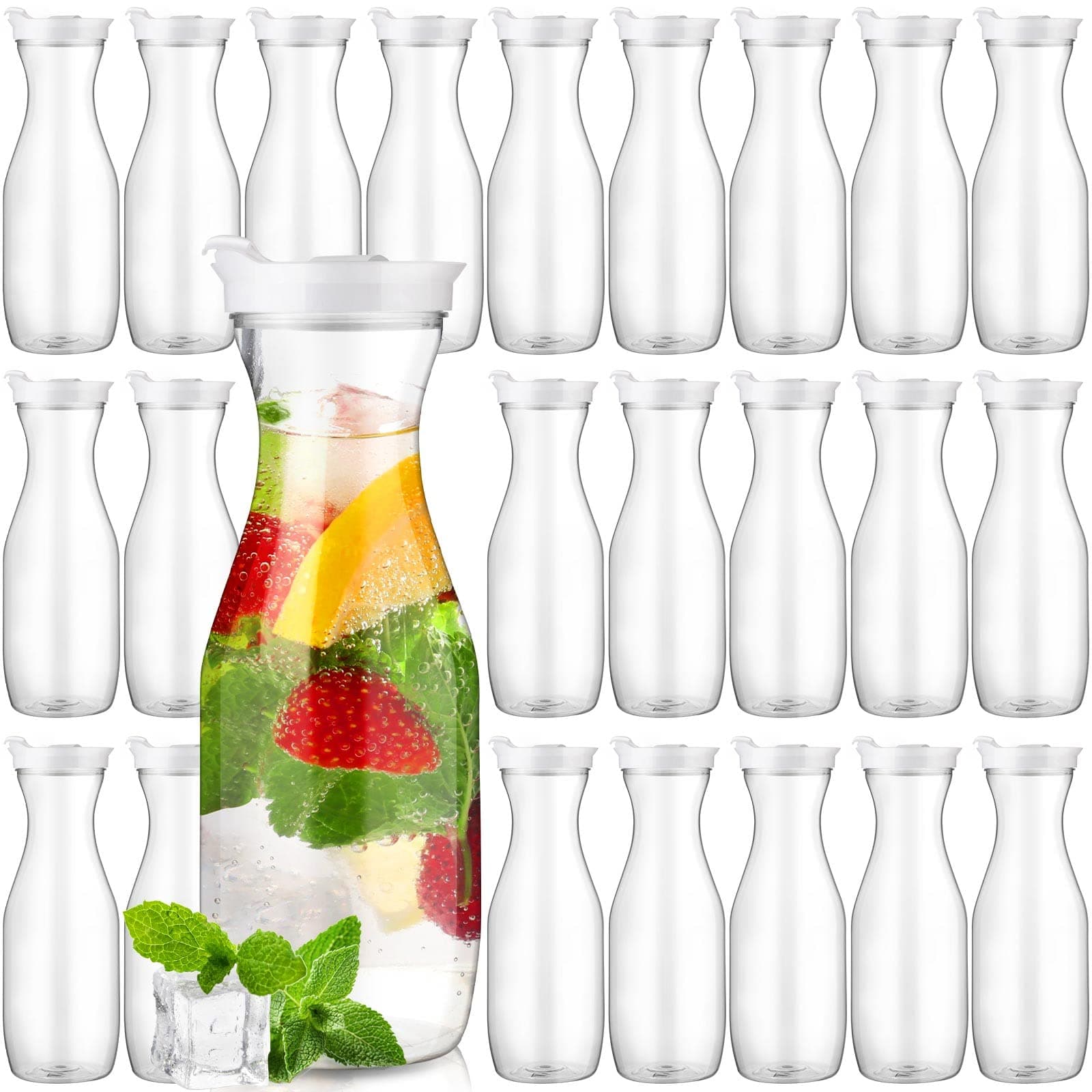 Gejoy 24 Pcs Plastic Water Carafe with Lids 32 oz Clear Juice Pitchers for Mimosa Bar Drinks Milk Iced Tea Beverage Containers for Home Restaurant School Fridge, Not Dishwasher Safe (White Cap)