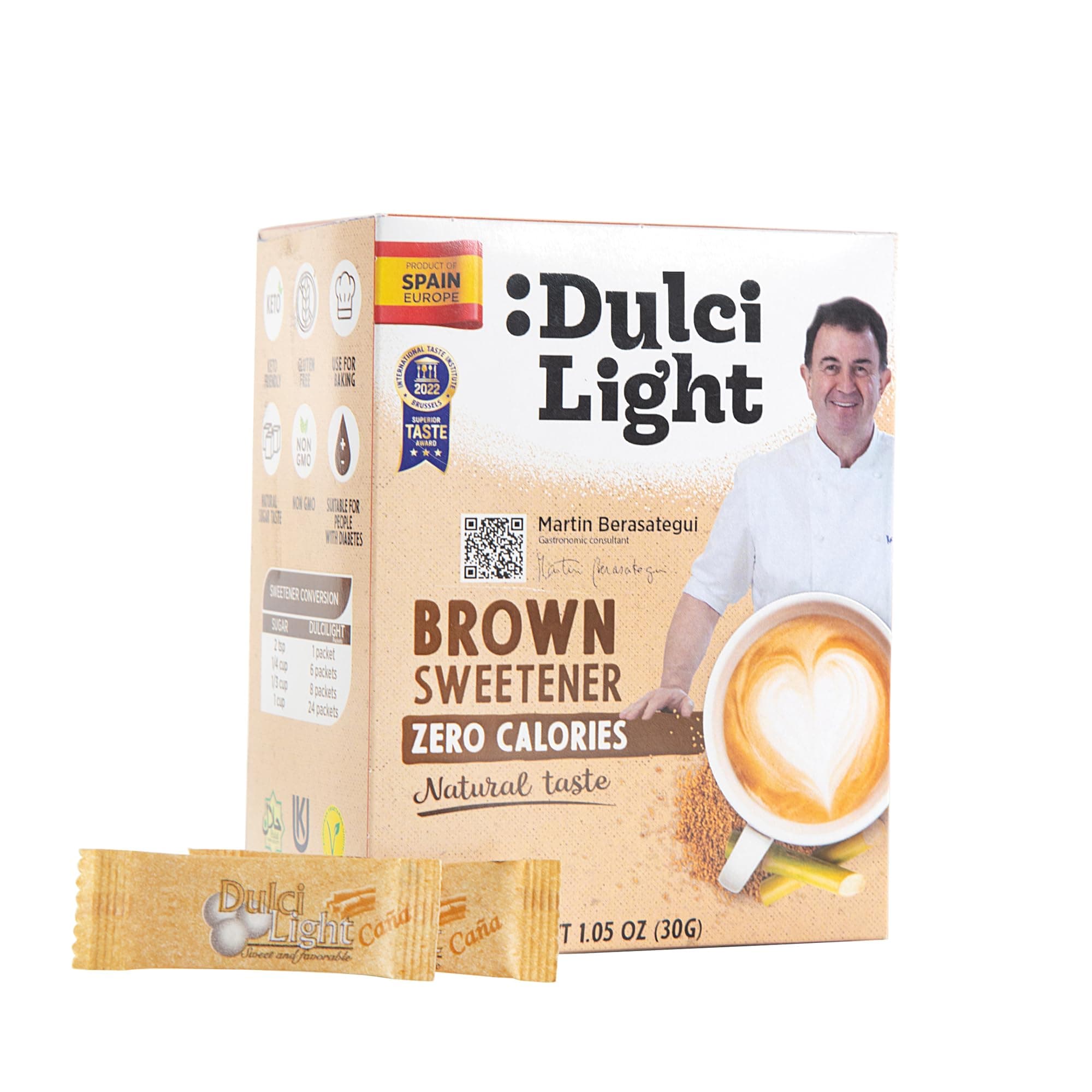 Dulci Light Brown Sweetener Sticks Zero Sugar, Zero Calorie, Zero Carb, Cane Honey Sugar Granulated, Keto Friendly, Vegan, Suitable For Diabetic | Made in Spain 0.6 Gm 50 Sticks