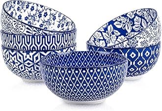 Selamica Ceramic Cereal Bowls Set of 6, 24 Oz Deep Soup Bowls for Kitchen, 5.9 Inch Porcelain Dessert Bowls for Salad, Pasta, Oatmeal, Ramen, Microwave Dishwasher Safe, Set of 6, Vintage Blue