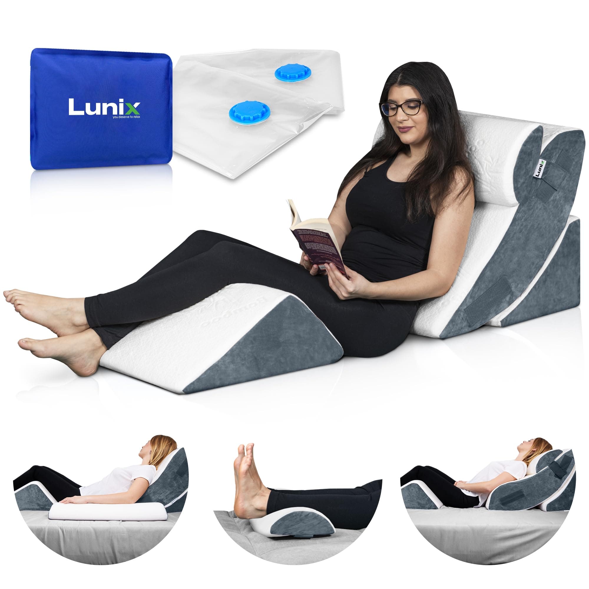 Lunix LX5 4-Piece Support for Shoulder & Upper Body Rest, Orthopedic Bed Wedge Pillow Set, Elevated Memory Foam for Post-Op Recovery & Sleep Comfort, Arctic Navy