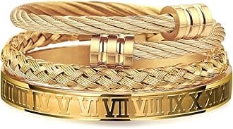 3PCS Stainless Steel Bracelets for Men Gold Roman Numeral Bangle Bracelet Twisted Cable Bracelet Adjustable Cuff Bracelet Mens Luxury Jewelry Bracelets Gifts