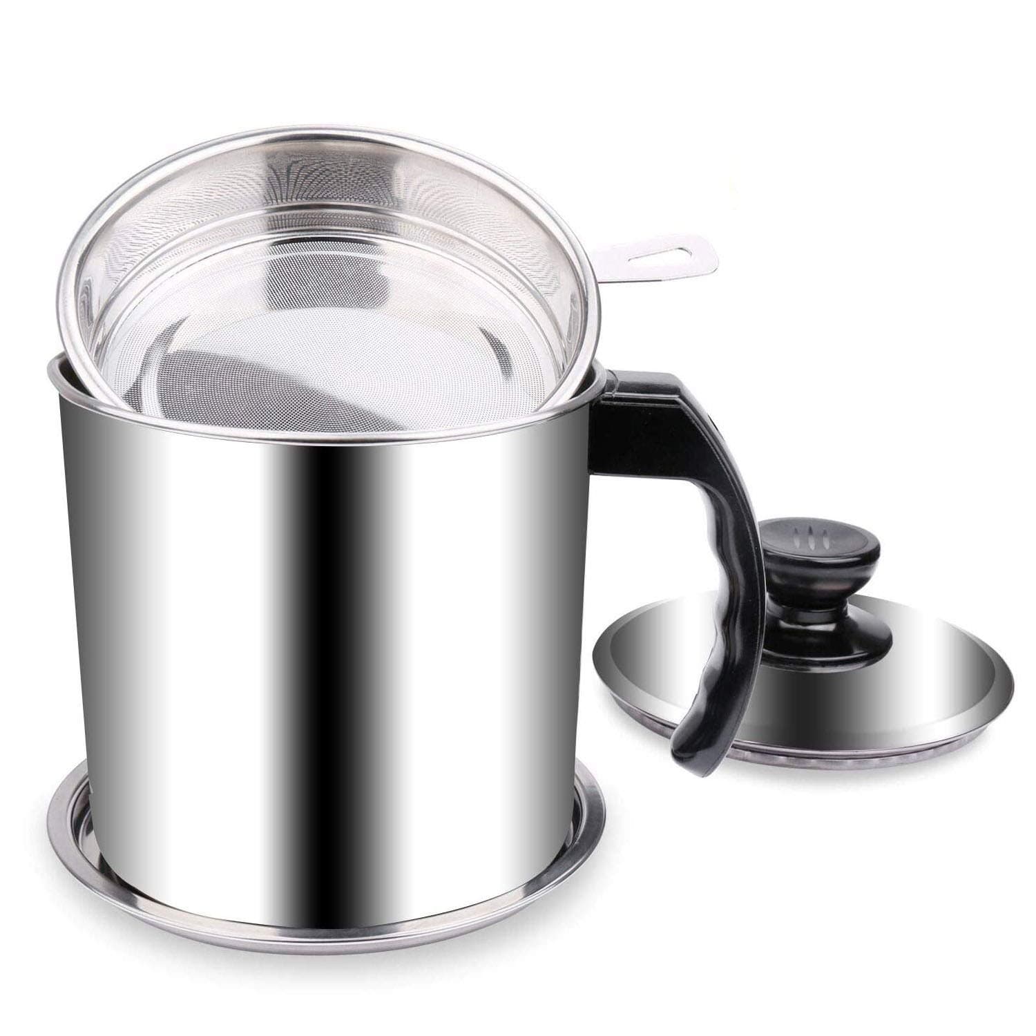 Bacon Grease Container with Fine Mesh Strainer Oil Storage Grease Keeper 1.3 L/5.2 cups 18/8 Stainless Steel Cooking Oil Can for Kitchen Fat Storage