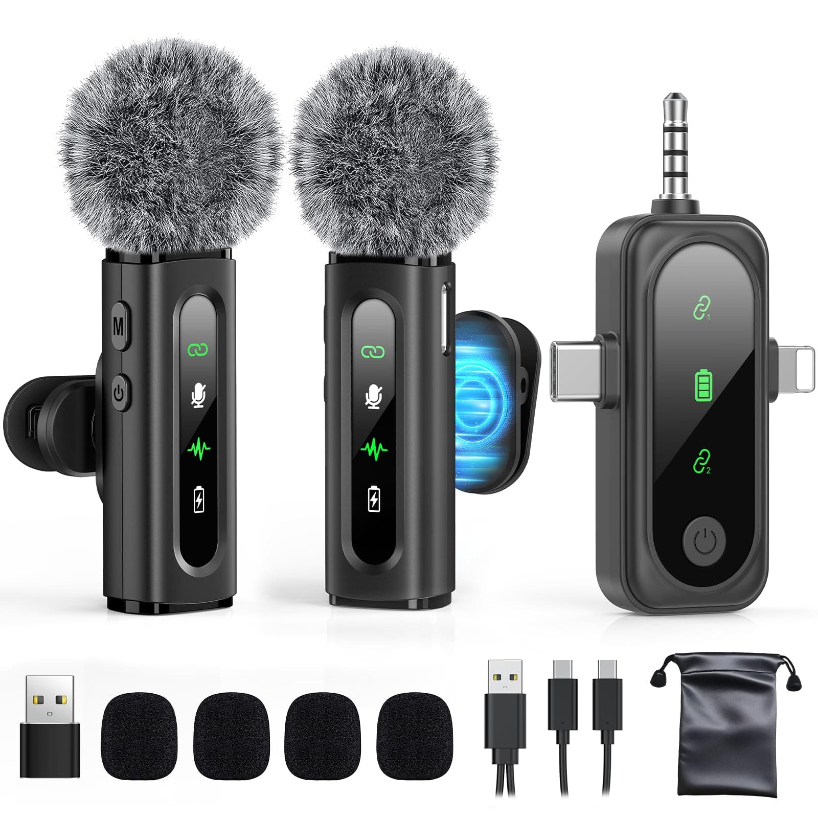 Wireless Lavalier Microphone for iPhone, Android, USB C, PC, Camera Video Recording 4 in 1 Clip-on Mics with Rotatable Clip&Denoise Recording, for Vlog Tiktok YouTube Podcast Content Creator