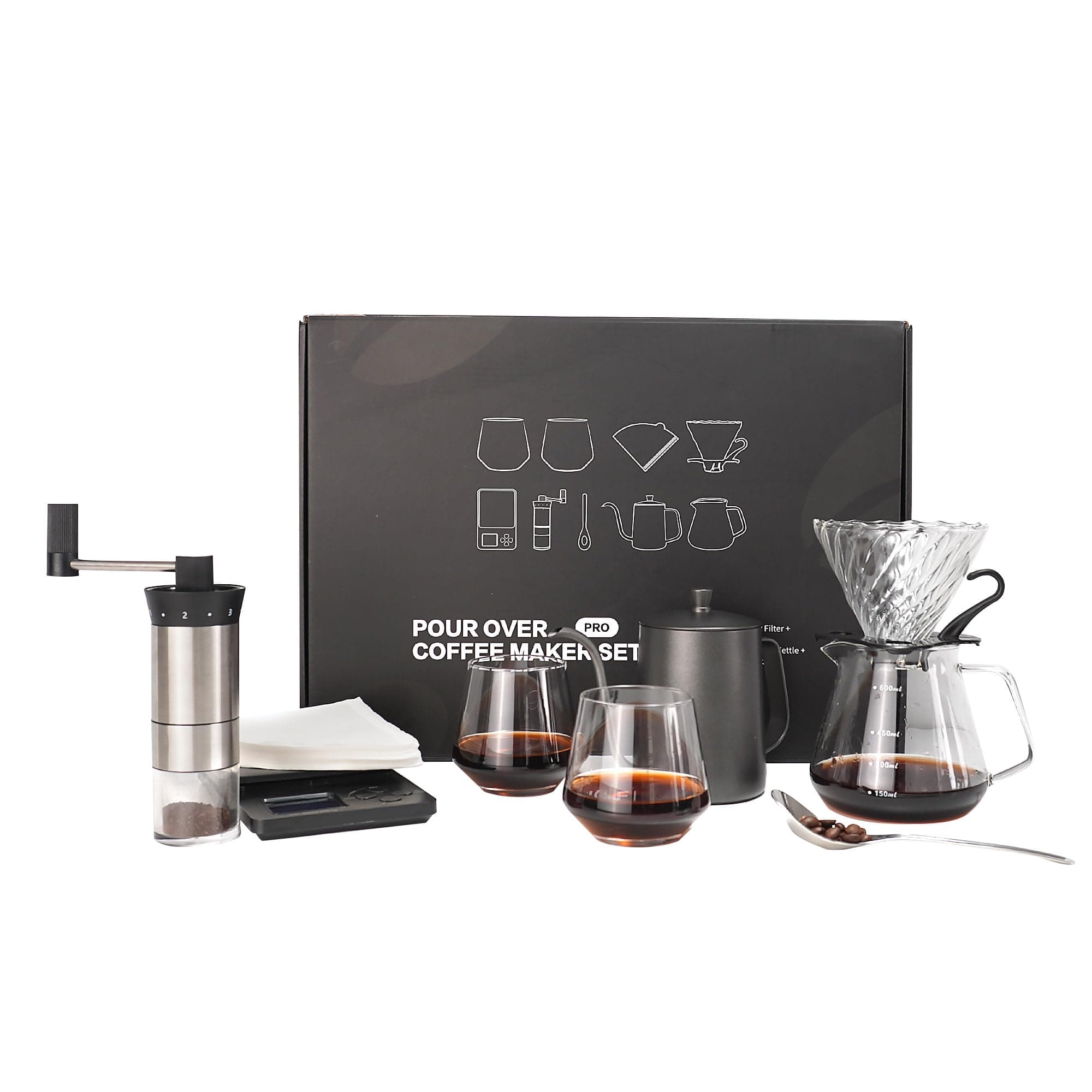 Hand Drip Pour Over Coffee Set, All in One Includes Gooseneck Kettle, V60 Glass Dripper, Paper Filter, Cups, Manual Grinder, Scale, Ideal for Anniversary Birthday Gift