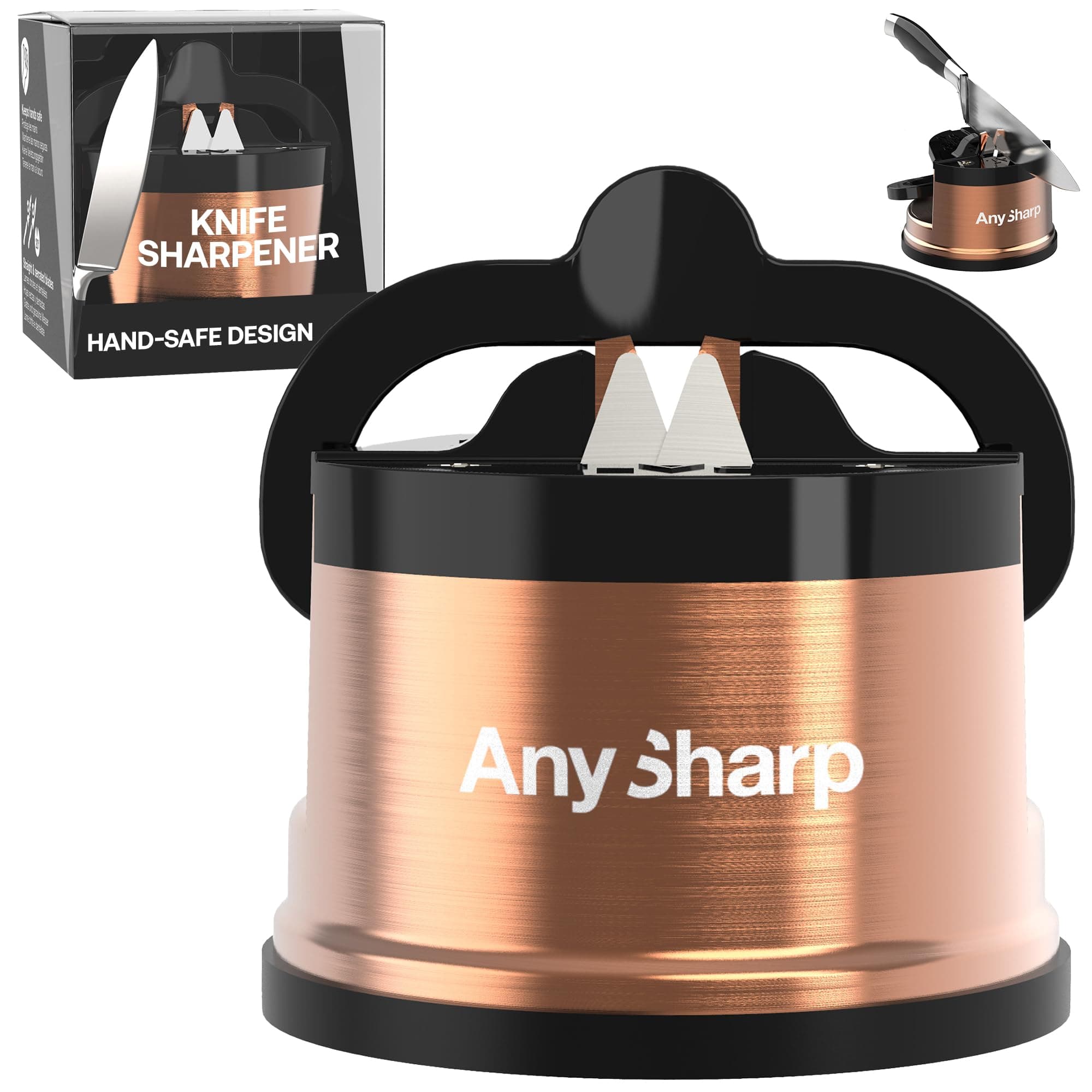 AnySharp – Chef – Hands Free Knife Sharpener - Easy to Use Sharpening Tool with PowerGrip Suction Base and 20-Degree Pre-Set Angle - for All Knives: Chef's, Serrated, and Hardened Steel - Copper