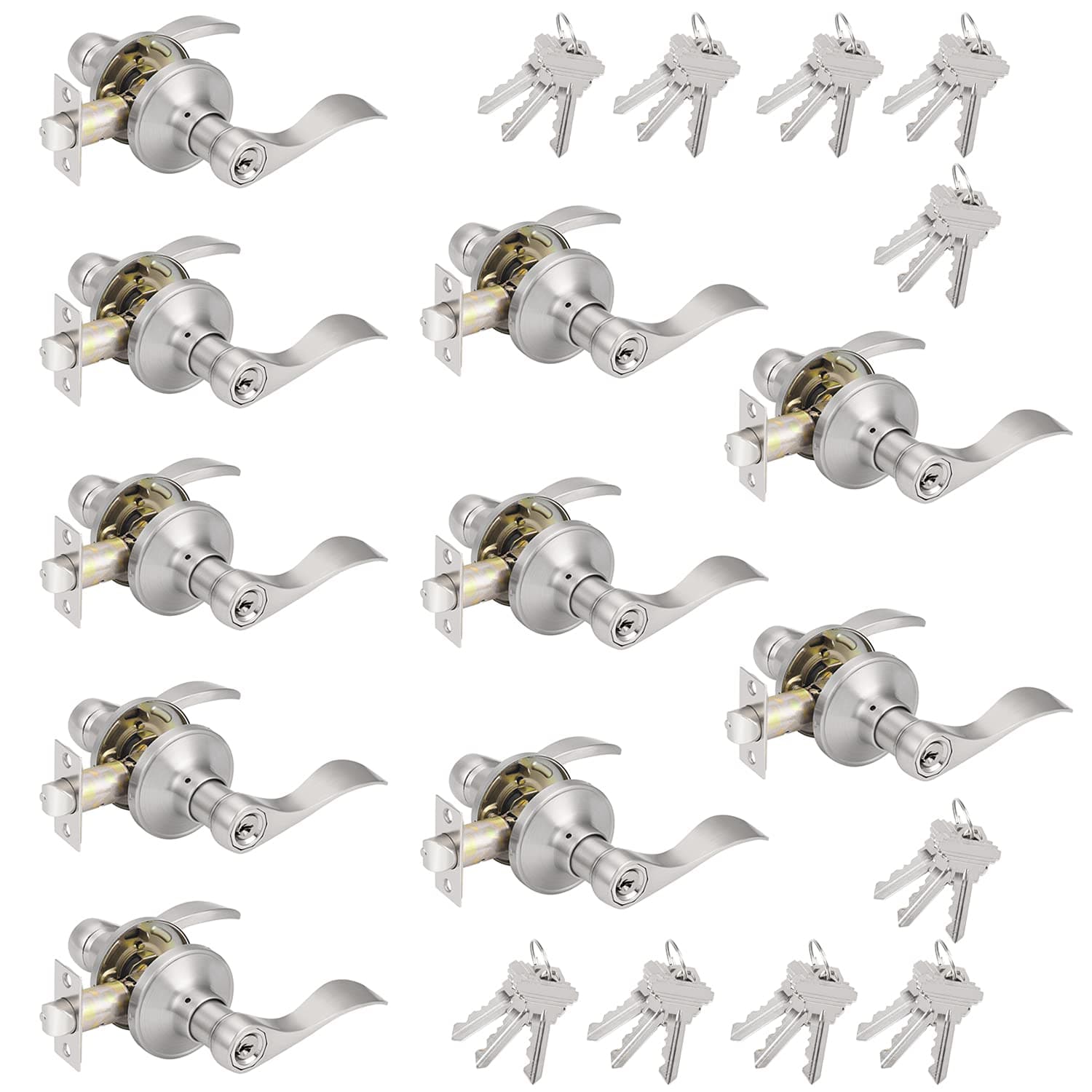 Probrico 10 Pack Keyed Alike Entry Levers, Wave Style Satin Nickel Entry Locksets, Exterior Interior Door Levers with Lock and Same Keys(for Bedroom or Office)