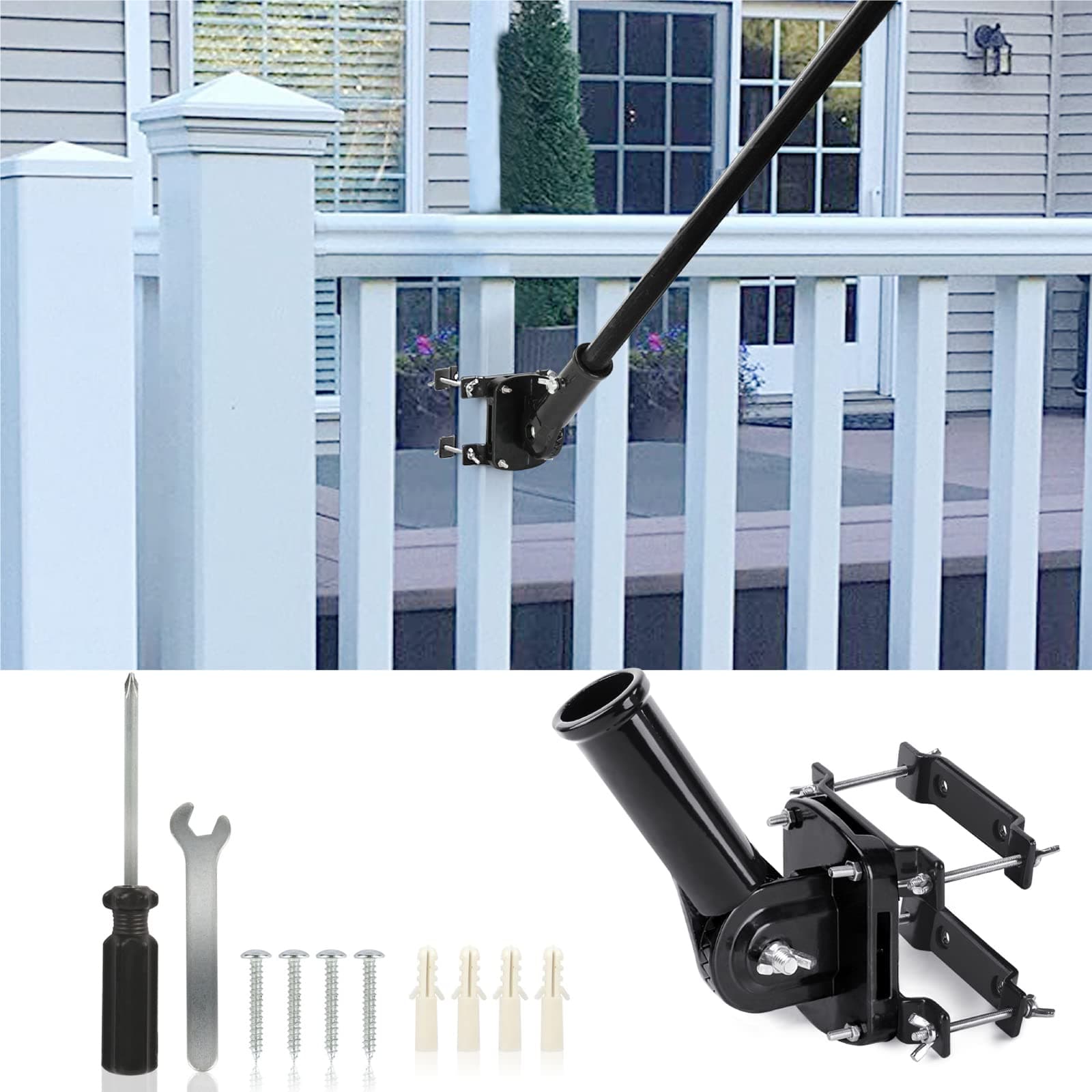 Adjustable Flag Pole Bracket for Railings - Heavy Duty 1” Flagpole Holder for Porch, Fence, Balcony, Deck | 2 Installation Methods (Wall/Rail Mount) | Non-Slip Silicone Pads - Secure & Durable
