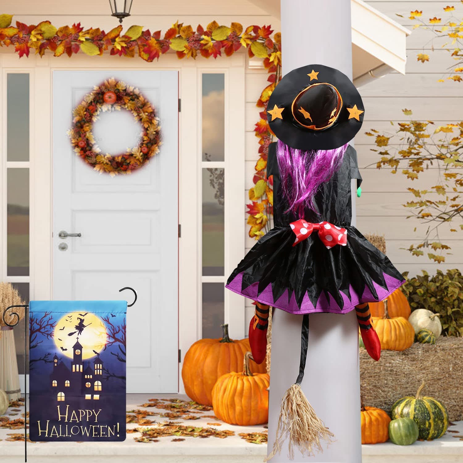 Crashing Witch Into Tree, Witch Decor, Betty Bash Witch Halloween Decorations, Flying Crashed Witch with Witch Hats, Halloween Garden Flag for Outdoor, Tree, Pillars, Yard