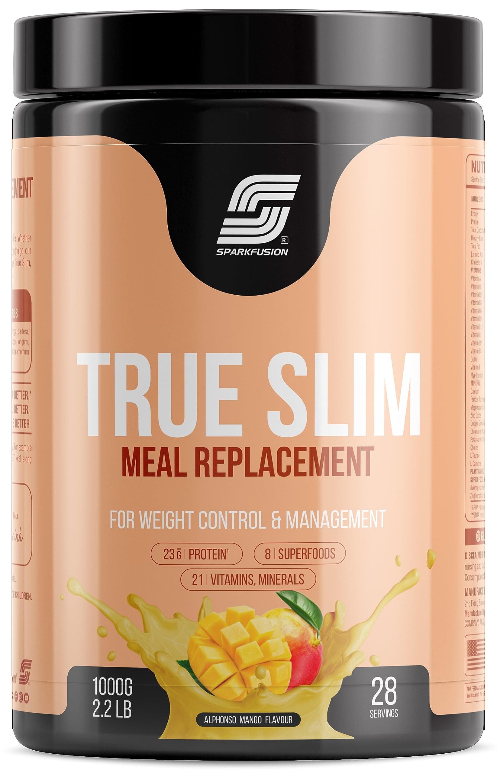 True Slim Protein Powder Meal Replacement Shake | For Weight Control And Management | 23 gm Protein With 8 Ayurvedic Superfood | Sugar Free | For Men and Women (Alphonso Mango, 1000 gm)