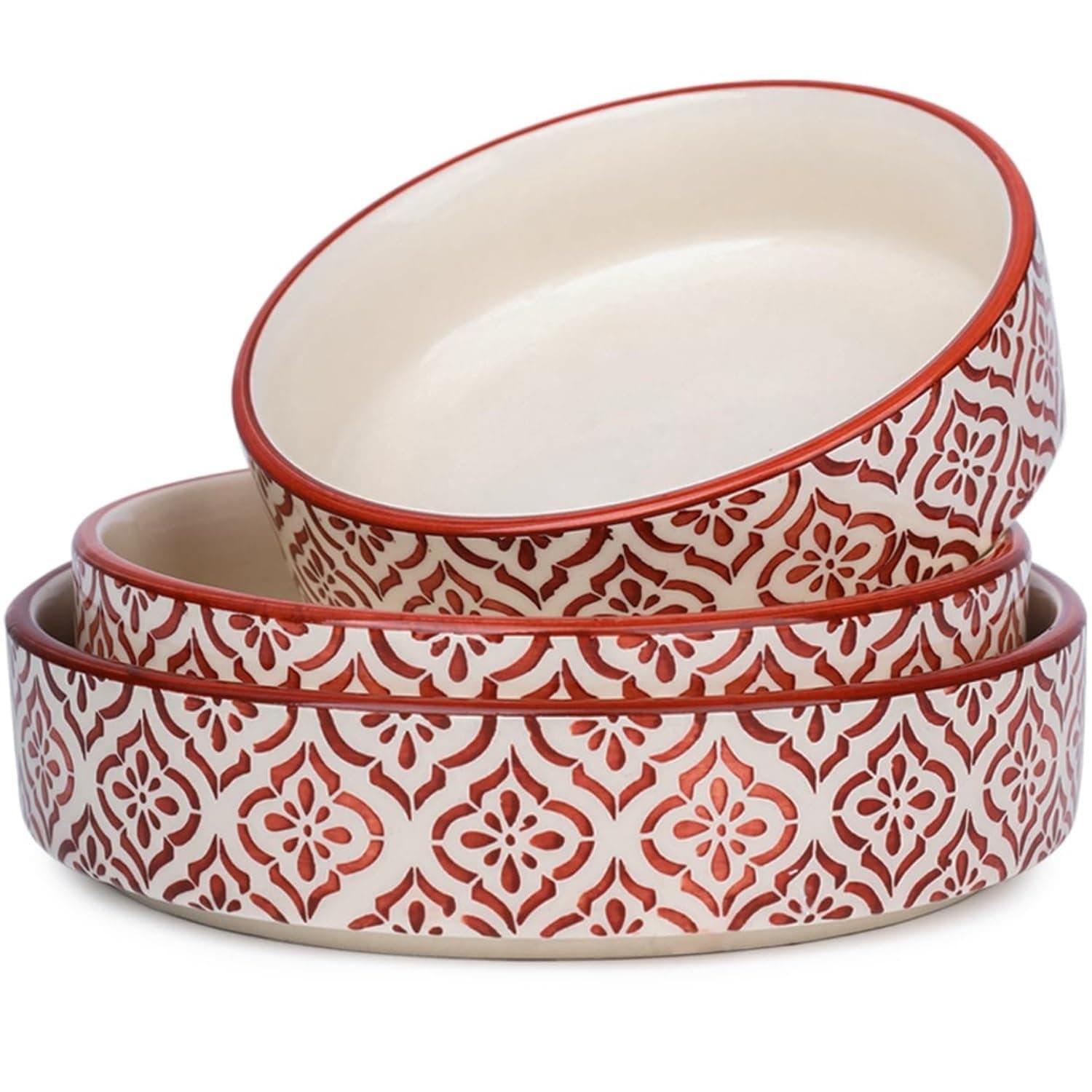 SEPARATE WAY Ceramic Bowls – Set of 3 Flat & Deep Serving Bowls (800ml, 600ml, 500ml) | Moroccan Red Multicolor Finish | Ideal for Pasta, Salad, Snacks & More | Multipurpose Serving Bowl Ceramic Set