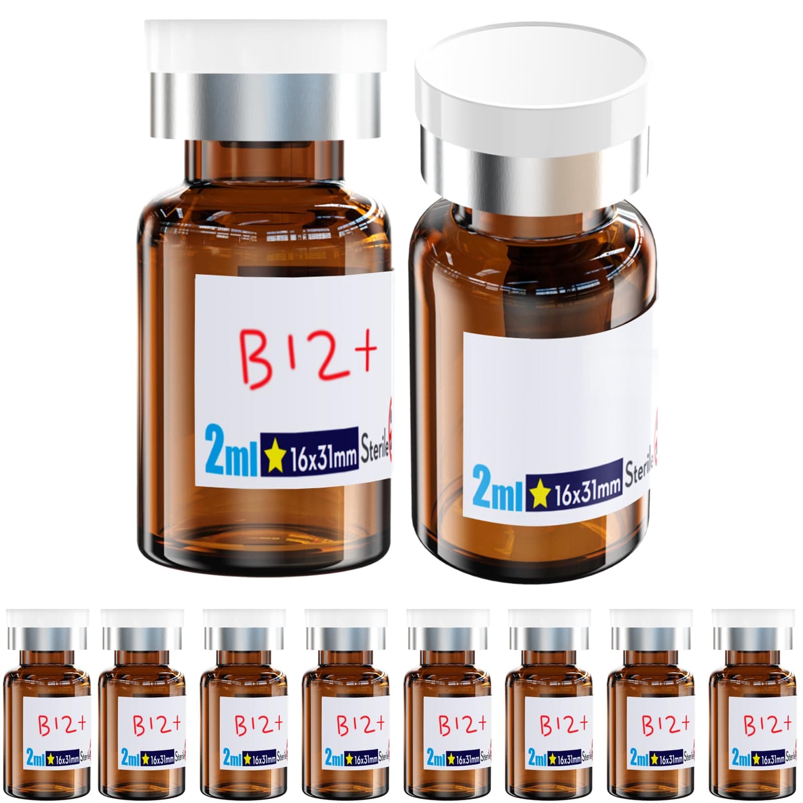 Ks-Tek Sterile Empty Vials with Self Healing Injection Port,with Aluminum plastic Cap,Sterile Package (10, 2ml Amber)