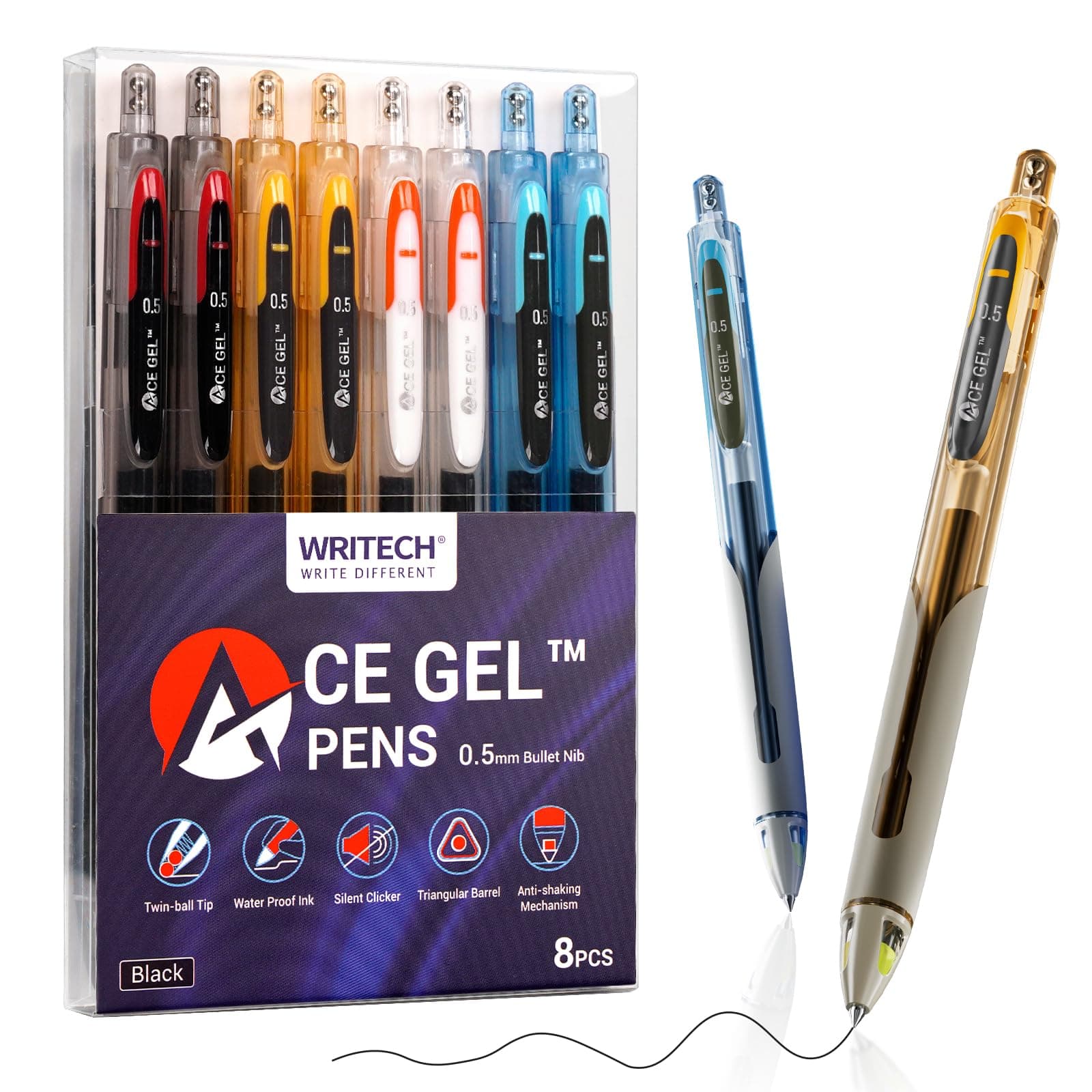 Fine Point Gel Pens: 0.5mm Fine Point Black Ink 8ct Big Volume Silent Click Pen Soft Grip Quick Dry Smooth Writing Note Taking No Bleed & Smear ACE Gel