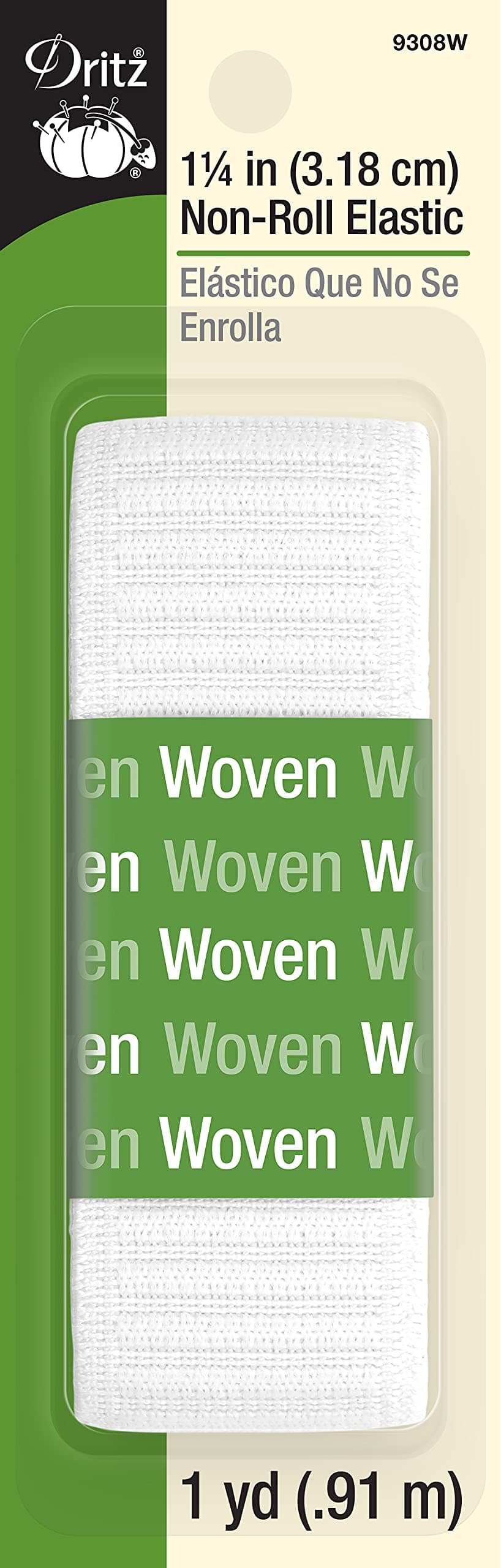 Dritz 9308W Non-Roll Woven Elastic, White, 1-1/4-Inch by 1-Yard