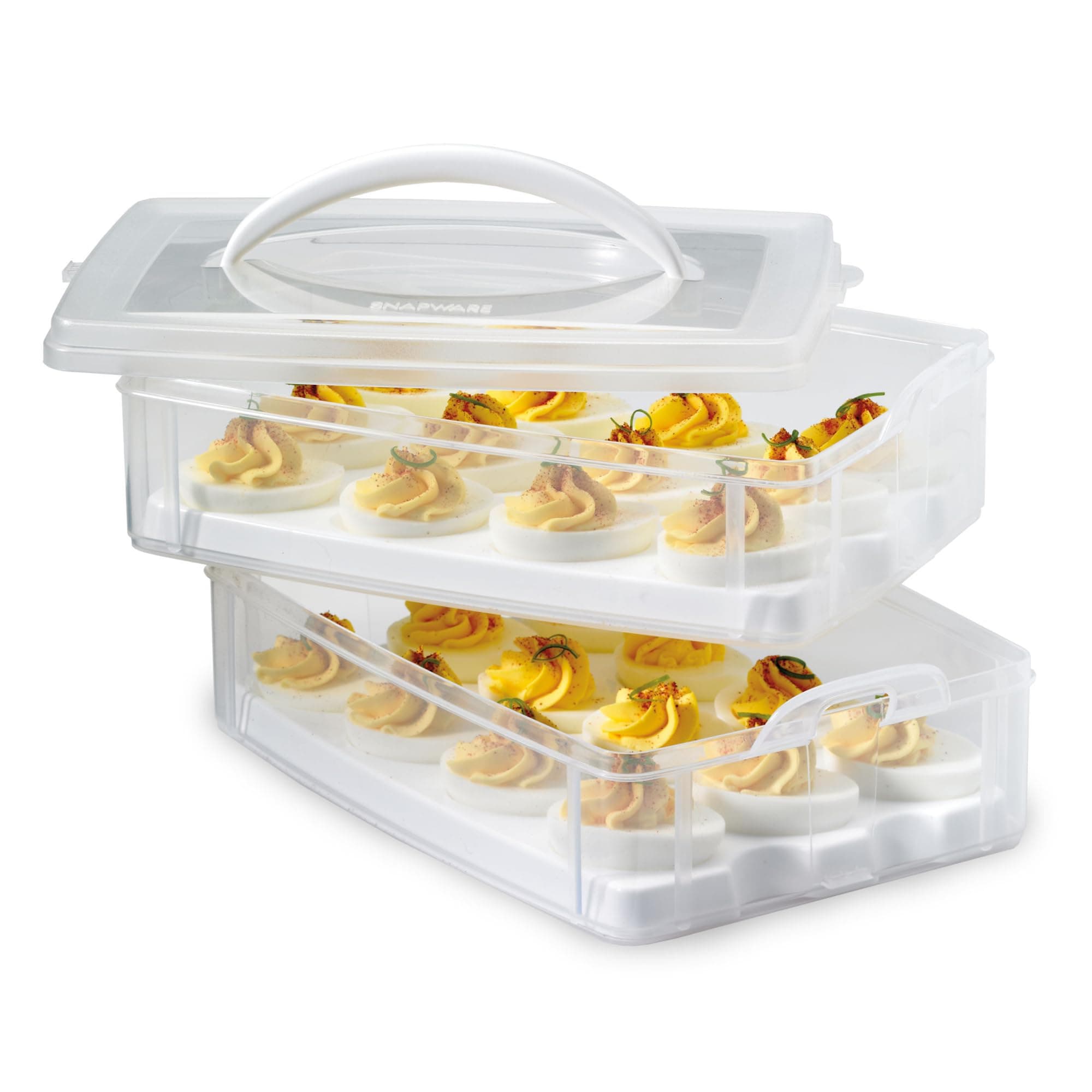 Snapware (2-Layer, 24 Eggs) Plastic Detachable Deviled Egg Carrier Storage Container With Lid and Handle, Freezer Dishwasher Microwave Safe
