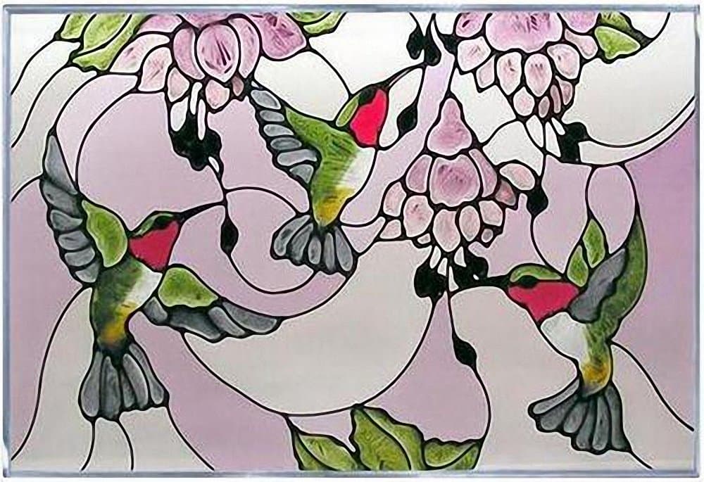 Ruby Hummingbirds Art Glass Panel Wall Window Hanging Suncatcher 14 x 20