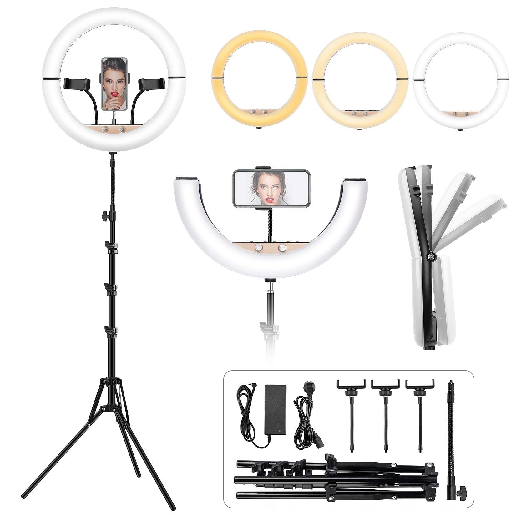 Foldable Ring Light with Stand and Phone Holder, 14 inch Adjustable Circle Light with Extendable Tripod 69", Heighten Hose, Foldaway LED Ring Lights for iPhone Streaming, Video Recording