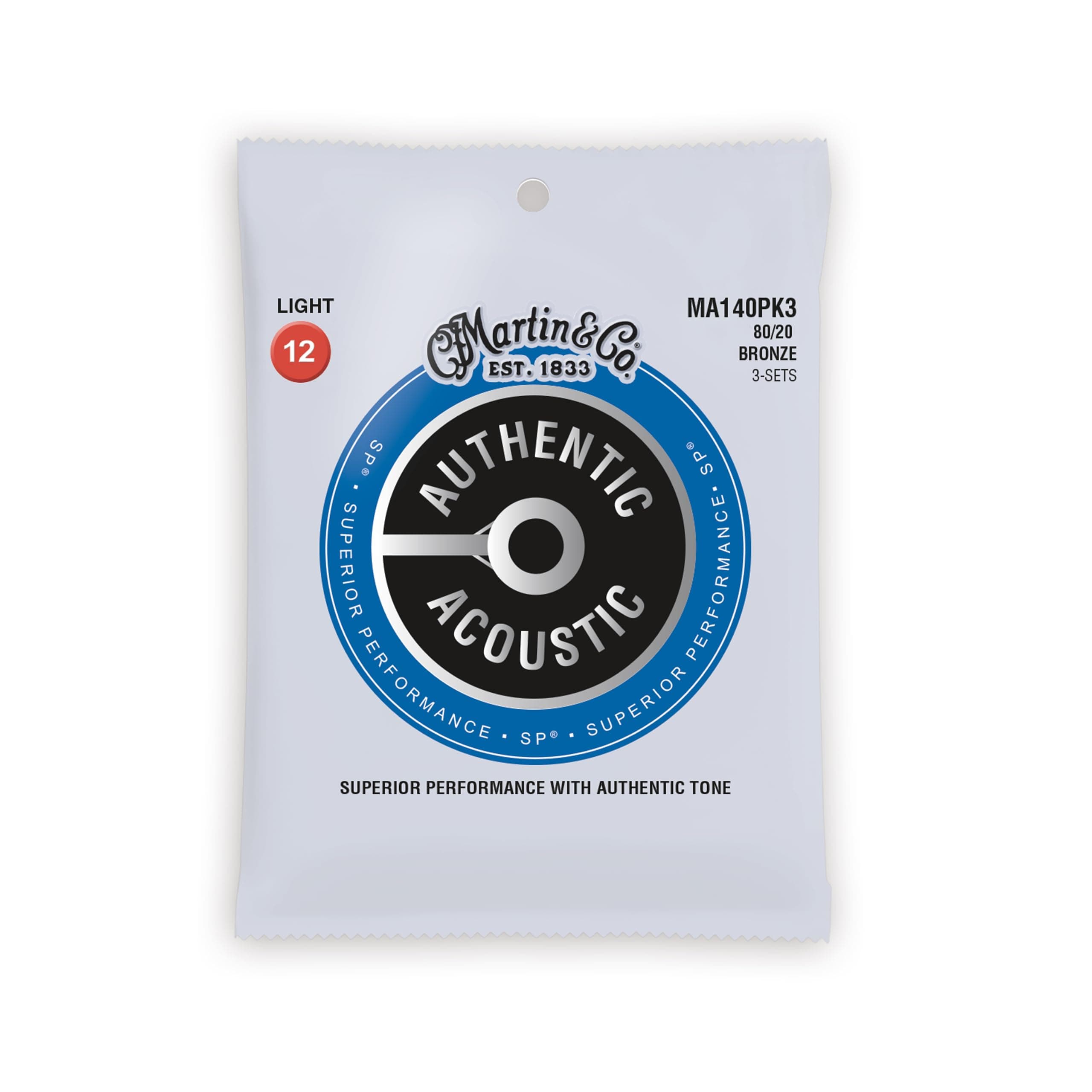 Authentic Acoustic Guitar Strings, Superior Performance Light 12-54, 80/20 Bronze, 3 Pack