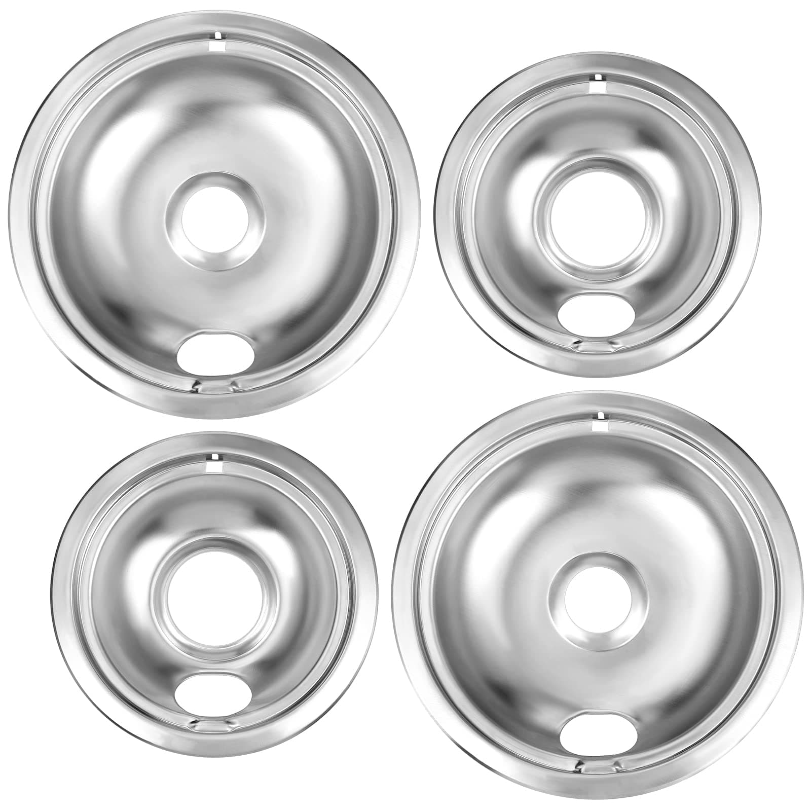 Drip Pan Kit,Universal Chrome Burner Drip Bowls Replacement for Whirlpool Kitchen Aid Range Parts W10278125 W10196405 W1019640,4 Pack (2x6" and 2x8")