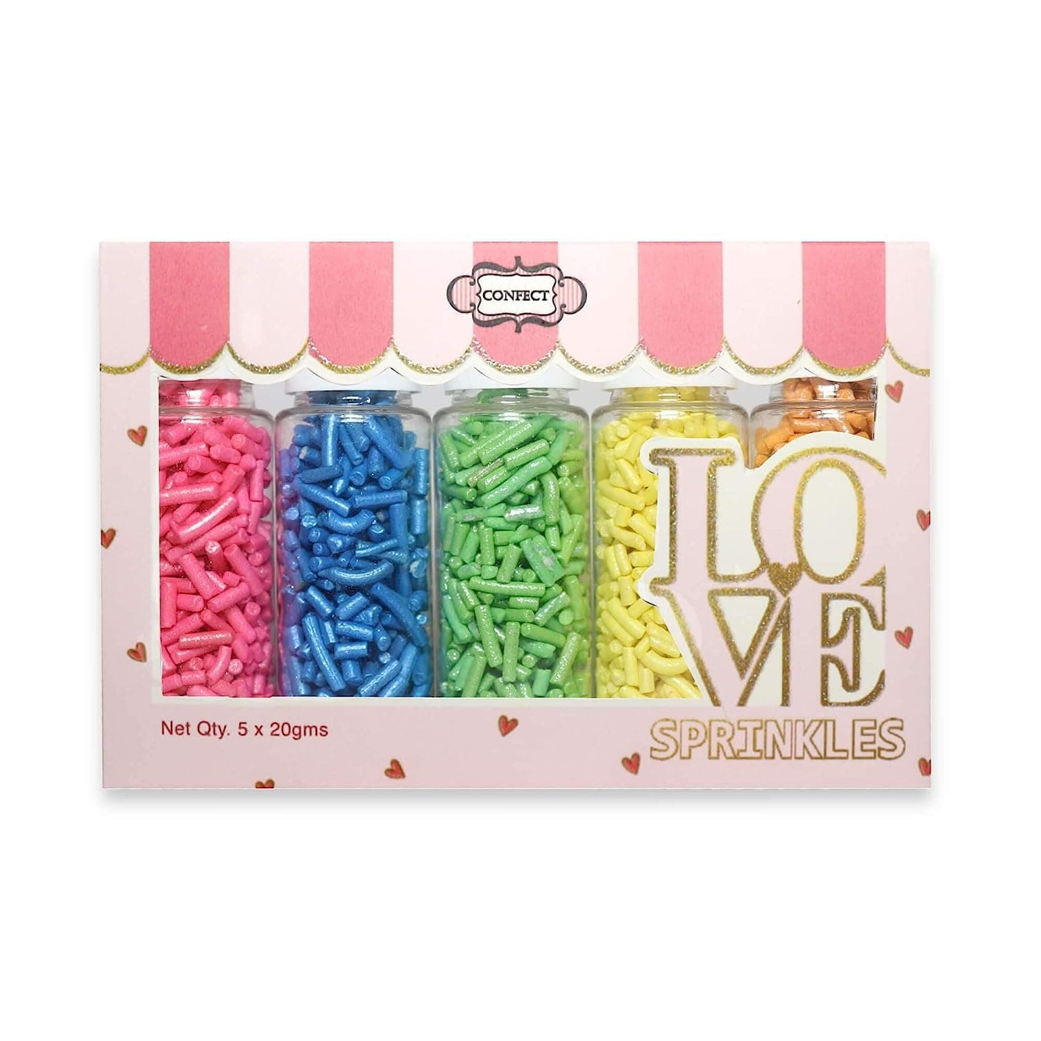 - Confect Rainbow Sprinkles – 5 Pack Assorted Jimmies (Bright Pink, Blue, Green, Yellow & Orange) – Colorful Cake & Cupcake Decorating Toppings – Vegan, Gluten-Free, Nut-Free, Soy-Free, Dairy-Free, Palm Oil-Free - 140 Gms