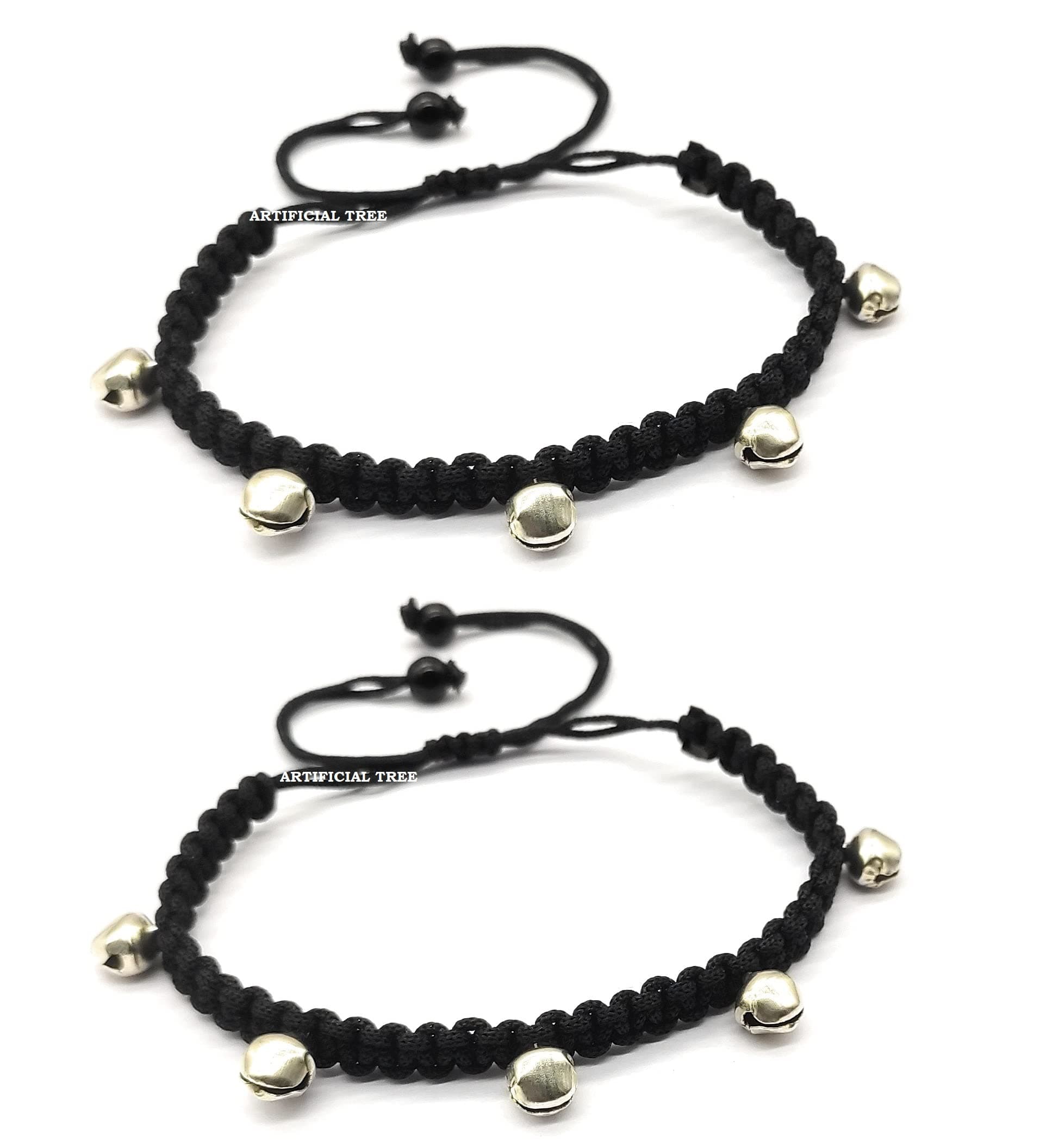 ARTIFICIAL TREEGerman Silver Ghungroo Charms Black Thread Adjustable Anklet for Women and Girls (AT ANK 034), ADJUSTABLE, German Silver, No Gemstone