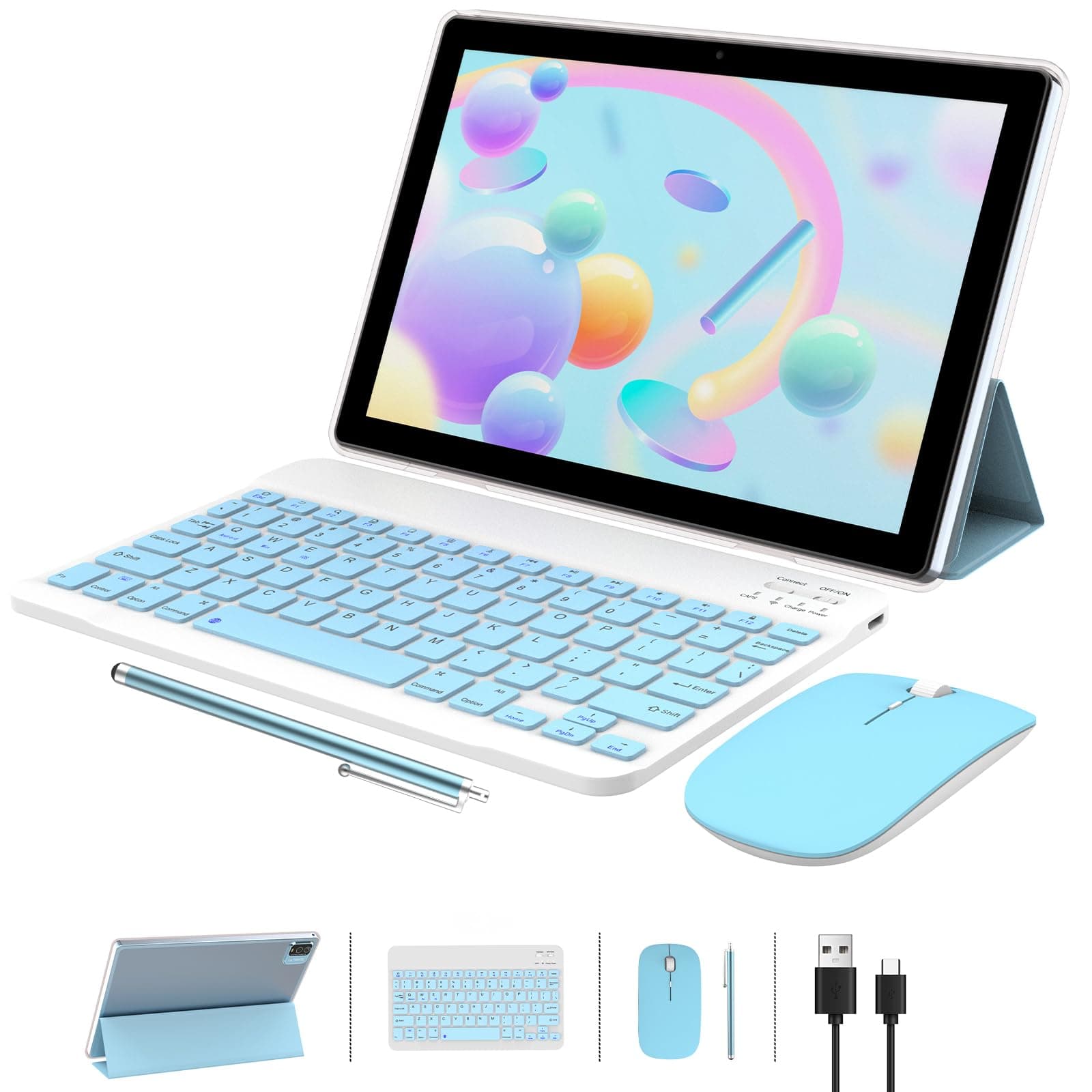 Tablet 10 Inch Android 15 Tablet, 2 in 1 Tablets, Include Keyboard Mouse Case Stylus, 64GB ROM+8GB RAM 1TB expandable 2MP+8MP Dual cameras, 5G WIFI-6 Bluetooth 6000mAh Battery 10.1" 1280*800 HD Tab