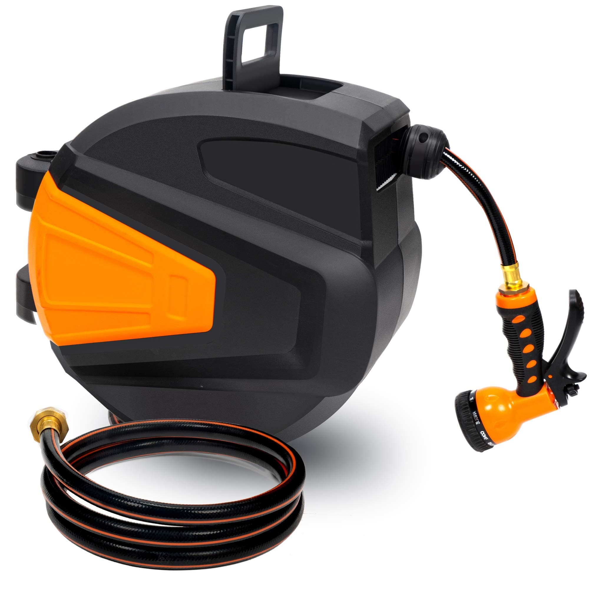 ORCISH Hose Reel,3/8 66 FT Wall Mounted Retractable Garden Hose-Reel with 9 Adjustable Sprayer Nozzle Any Length Lock/Automatic Rewind/Slow Return System/Wall Mounted/180°Swivel Bracket（BLACK)