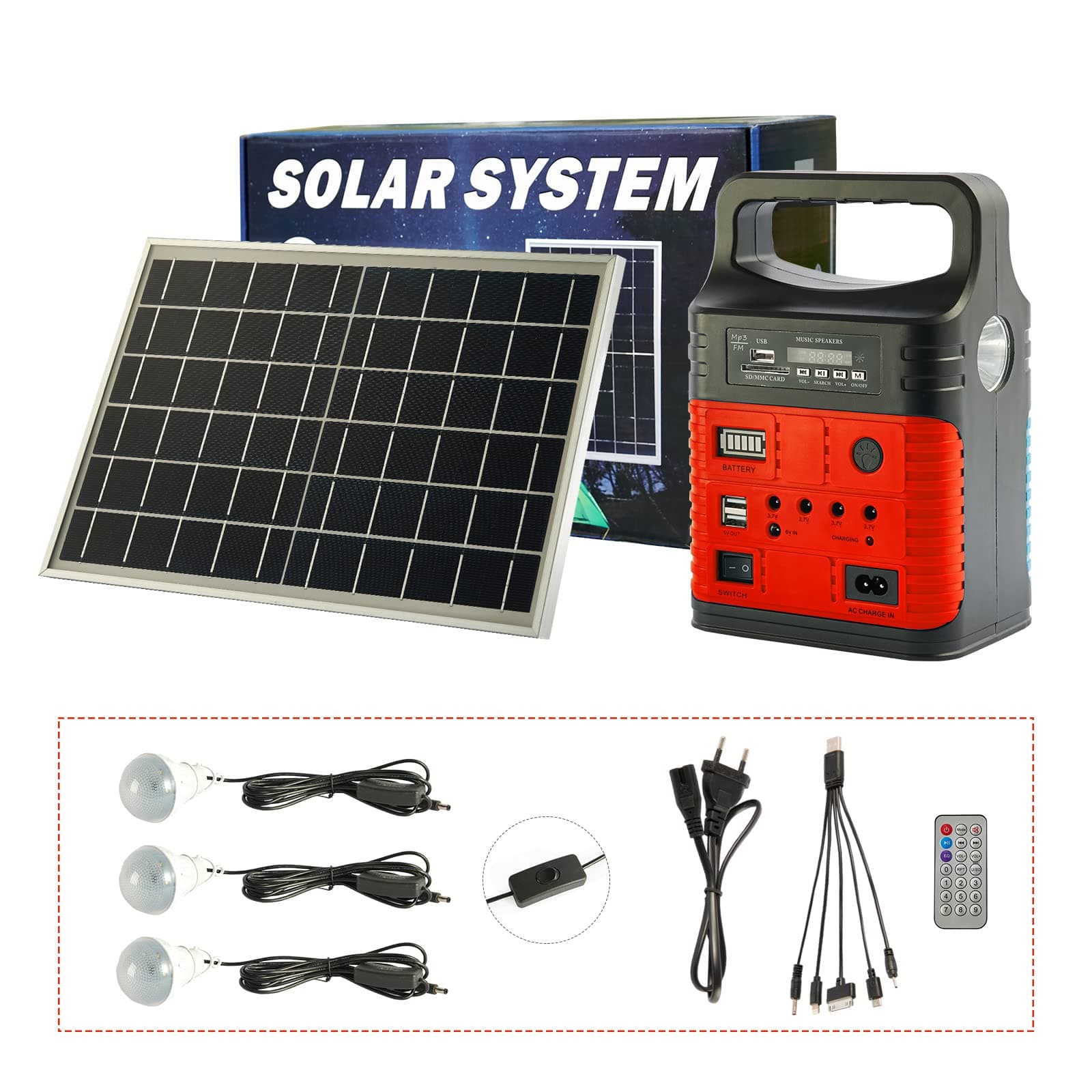 UPEORSolar Generator Lighting System Portable Solar Power Generator Kit for Emergency Power Supply,Home & Outdoor Camping,Including MP3&FM Radio,Solar Panel,3 Sets LED Lights(Red)