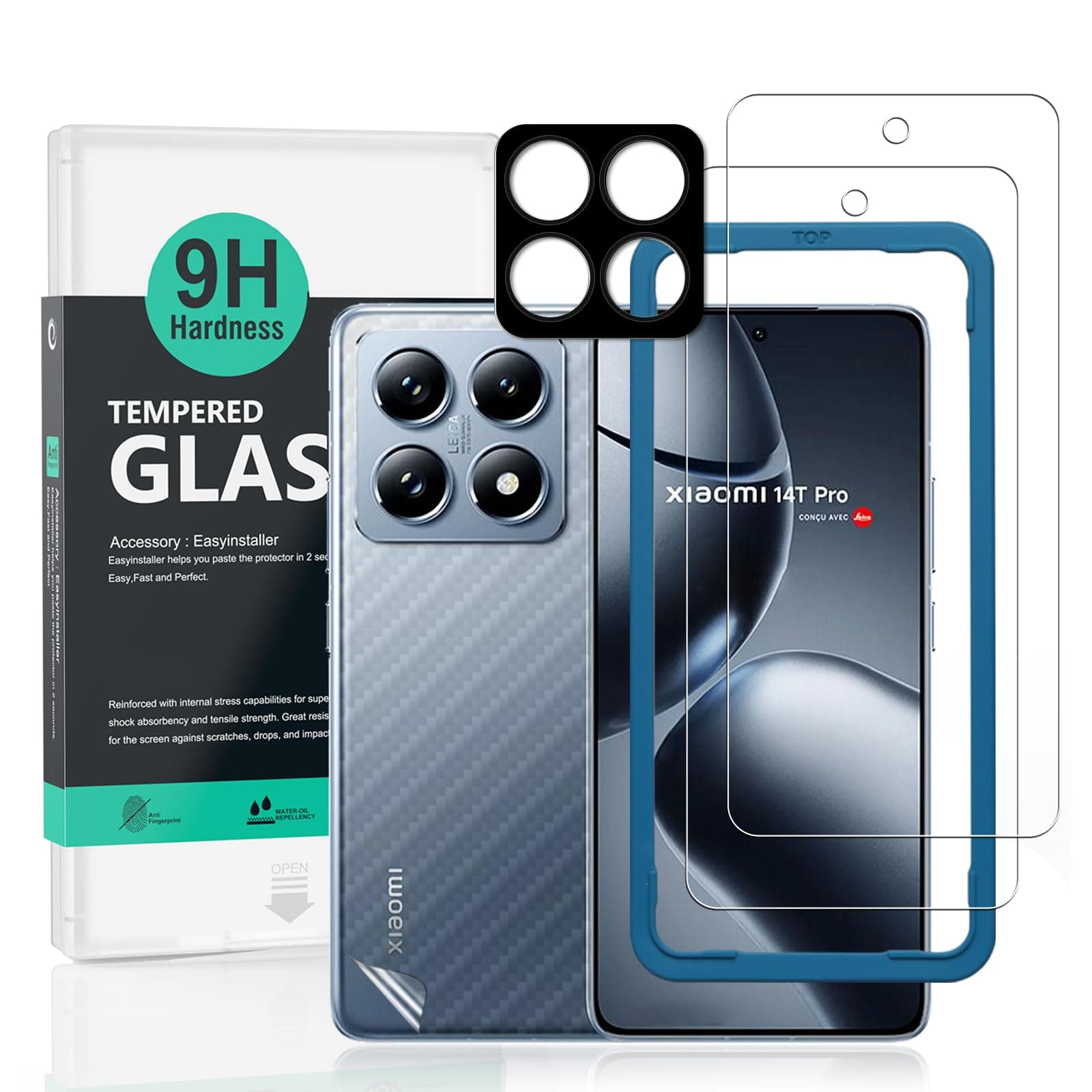 Screen Protector For Xiaomi 14T Pro 5G 6.67"(2 Pack),9H Hardness Tempered Glass,With 1Pc Camera Lens Protector,1Pc Back Carbon Fiber Film,Easy to Install