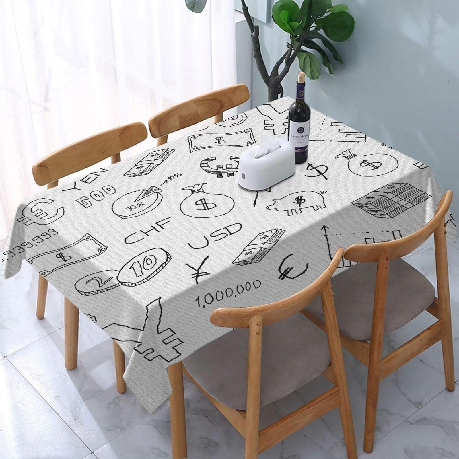 Tablecloth Wipeable PVC Plastic,Monochrome Pattern with Euro Dollar Yen Coins Pigg,Table Cloth Wipe Clean Wipe Clean Waterproof Square Table Cover Protector for Kitchen Picnic Outdoor Indoor 183x137cm