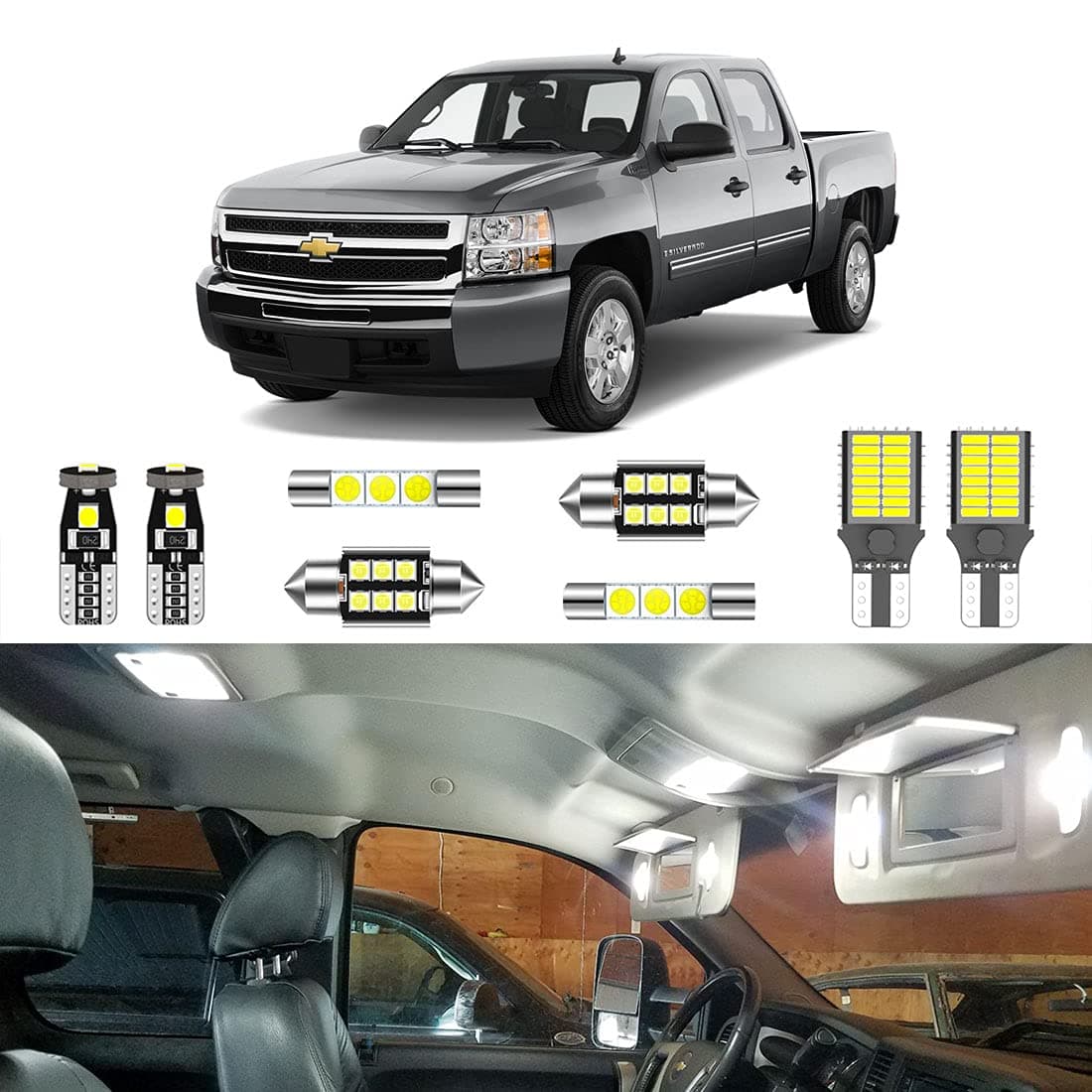 12PCS Super Bright White LED Interior Light Kit Package for Chevrolet Silverado/GMC Sierra 2007 2008 2009 2010 2011 2012 2013 + Cargo Lights + License Plate Lights and Install Tool