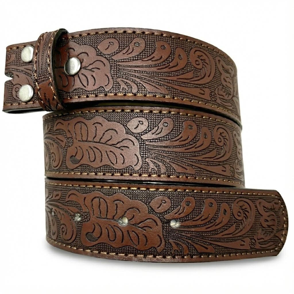 Western Leather Belt Strap - 1.5” Wide with Embossed Scrollwork Without Buckle for Men & Women, Cowboy/Cowgirl Style