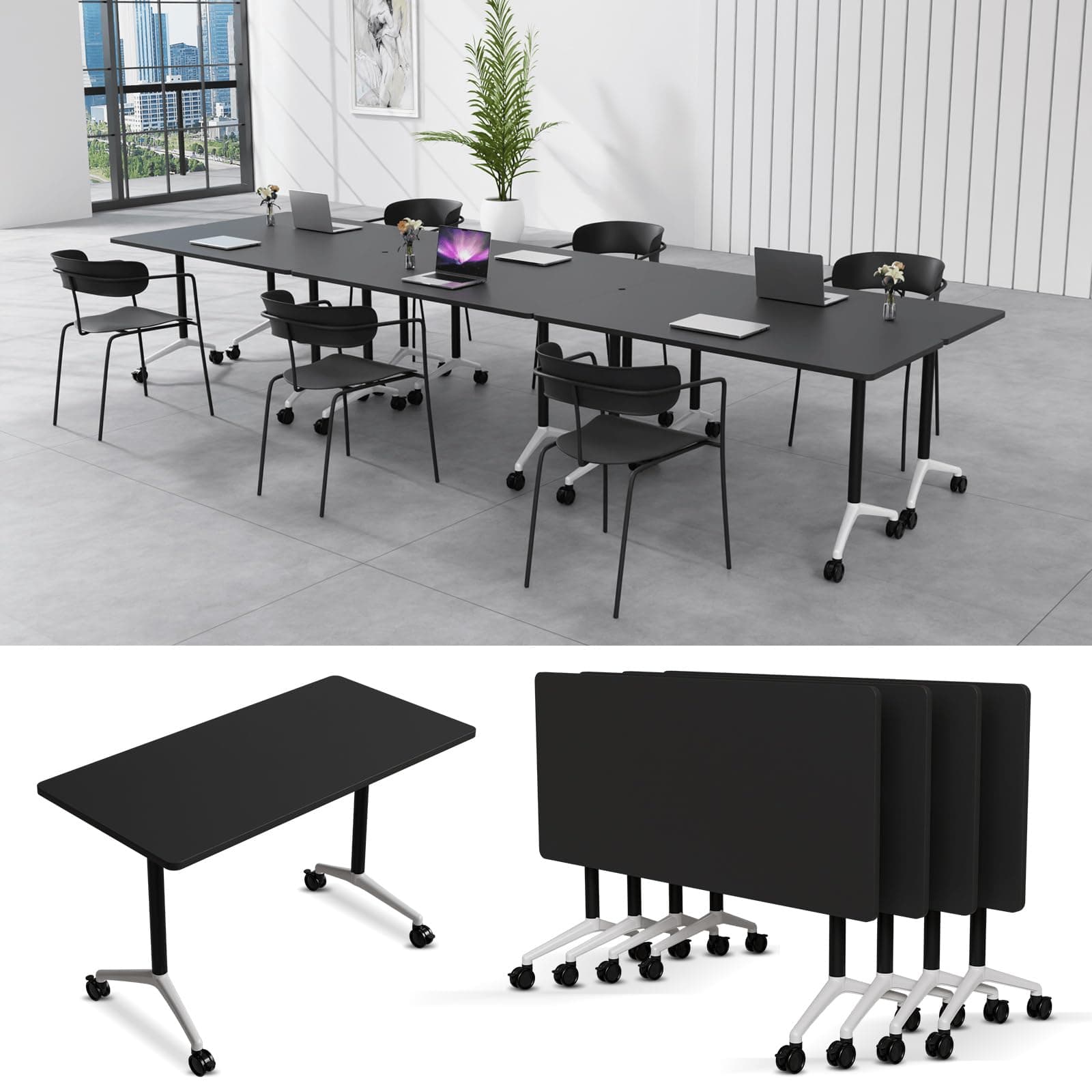 6-8 Person Conference Table Folding Conference Table for Office、Training, Seminar,Schools Modern Wood Conference Meeting Room Table Large Rectangular Conference Room Tables (4, Black-2, 47in)