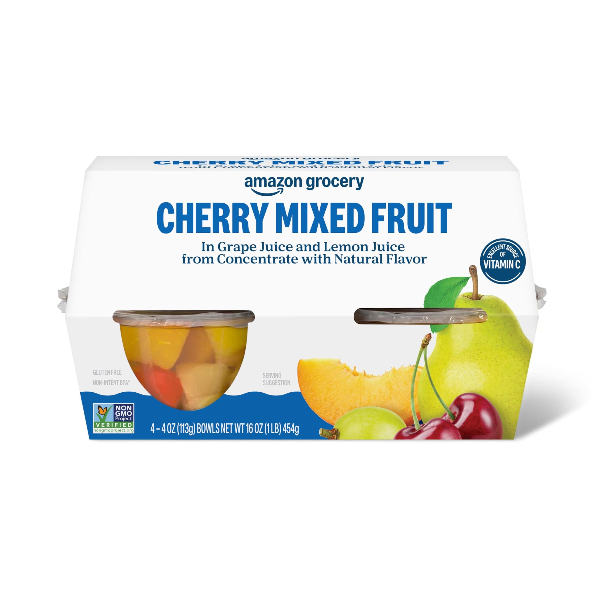 Amazon Fresh, Cherry Mixed Fruit in Juice, 4 Oz Bowls (Pack of 4) (Previously Happy Belly, Packaging May Vary)