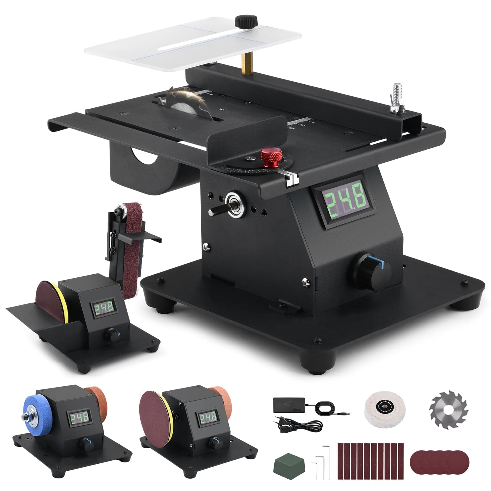 4-1 Mini Multi-functional Table Saw with Voltage LED Display and 7 Speed Adjustable, Mini Table Saw for Crafts with 10 Sanding Belts, 90° Adjustable Belt Sander, Dual Bench Grinder