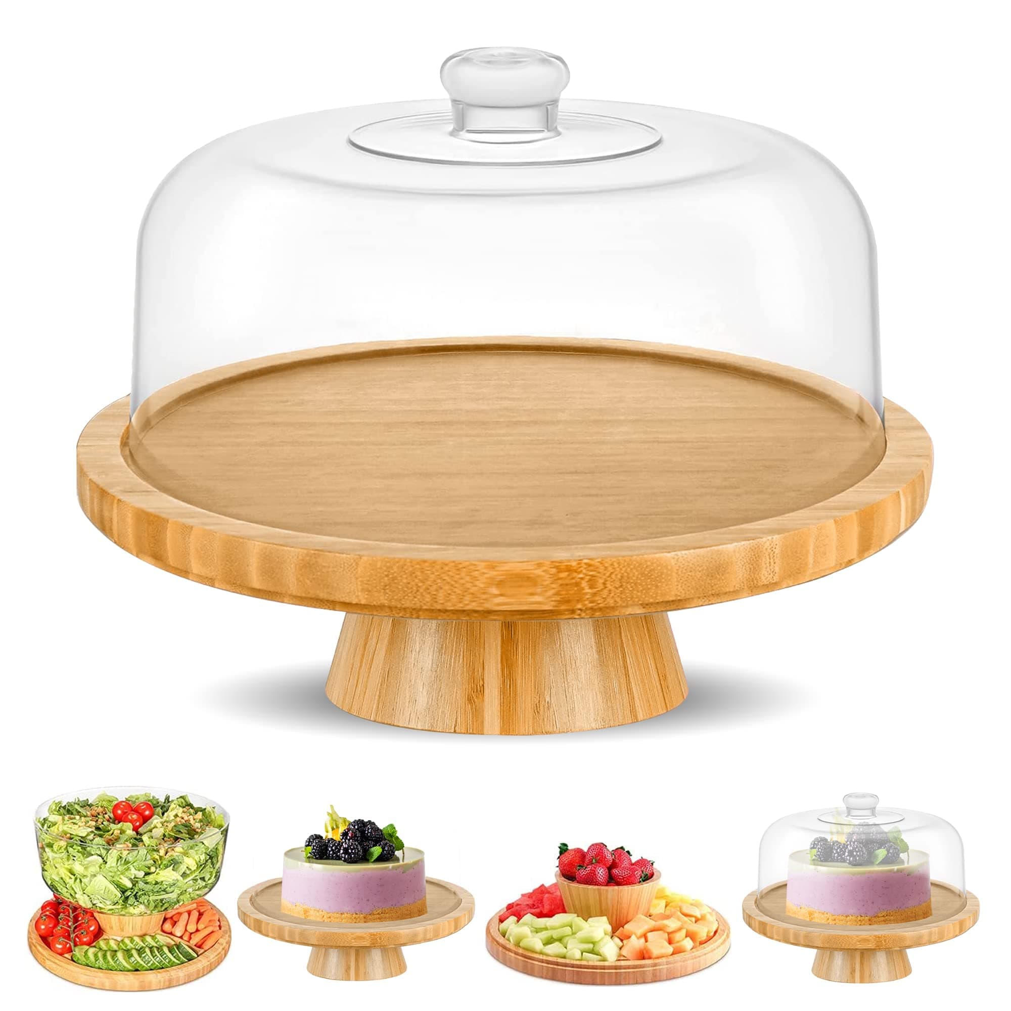 6-in-1 Bamboo Cake Stand with Dome – Multifunctional Serving Platter, Punch Bowl, Salad Bowl, Chip & Dip Tray, Dessert Display with Clear Acrylic Cover