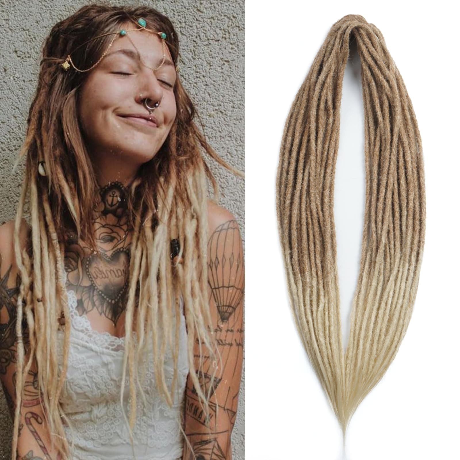 10pcs Double Ended Dreadlock Extensions, 24 inch Thin 0.6cm Ombre Fake Dreads Extensions, DE Synthetic Dreadlock Extensions Reggae Hippie Dreads for Women(Light Brown to Blonde)