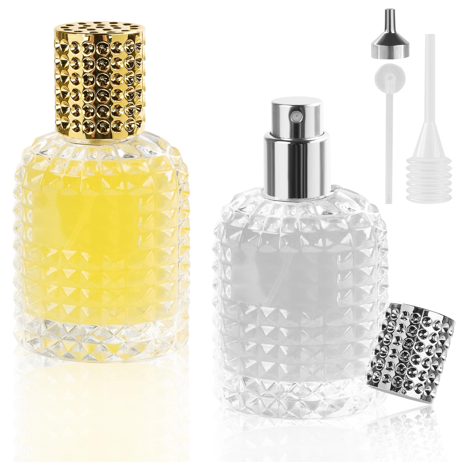 LOPHE Perfume Atomiser Refillable, Mini Perfume Refill Bottles, Empty Clear Glass Perfume Atomiser Spray Bottles, Portable Atomiser with Fine Mist for Daily Business Trips, 50 ml 2 Pcs (Gold+Sliver)
