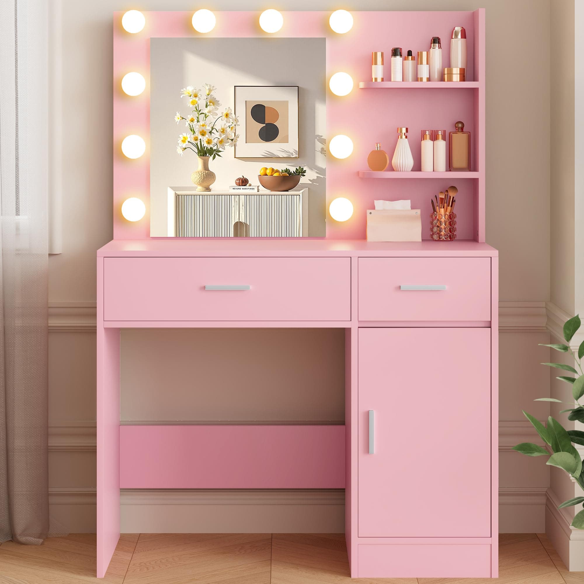 Lighted Makeup Vanity Desk, 35.4“W x 15.7'”D x 54“H, Pink (with Lights and Mirror, Dimming Fuction, 2 Drawers and 1 Cabiniet, Open Shelves)