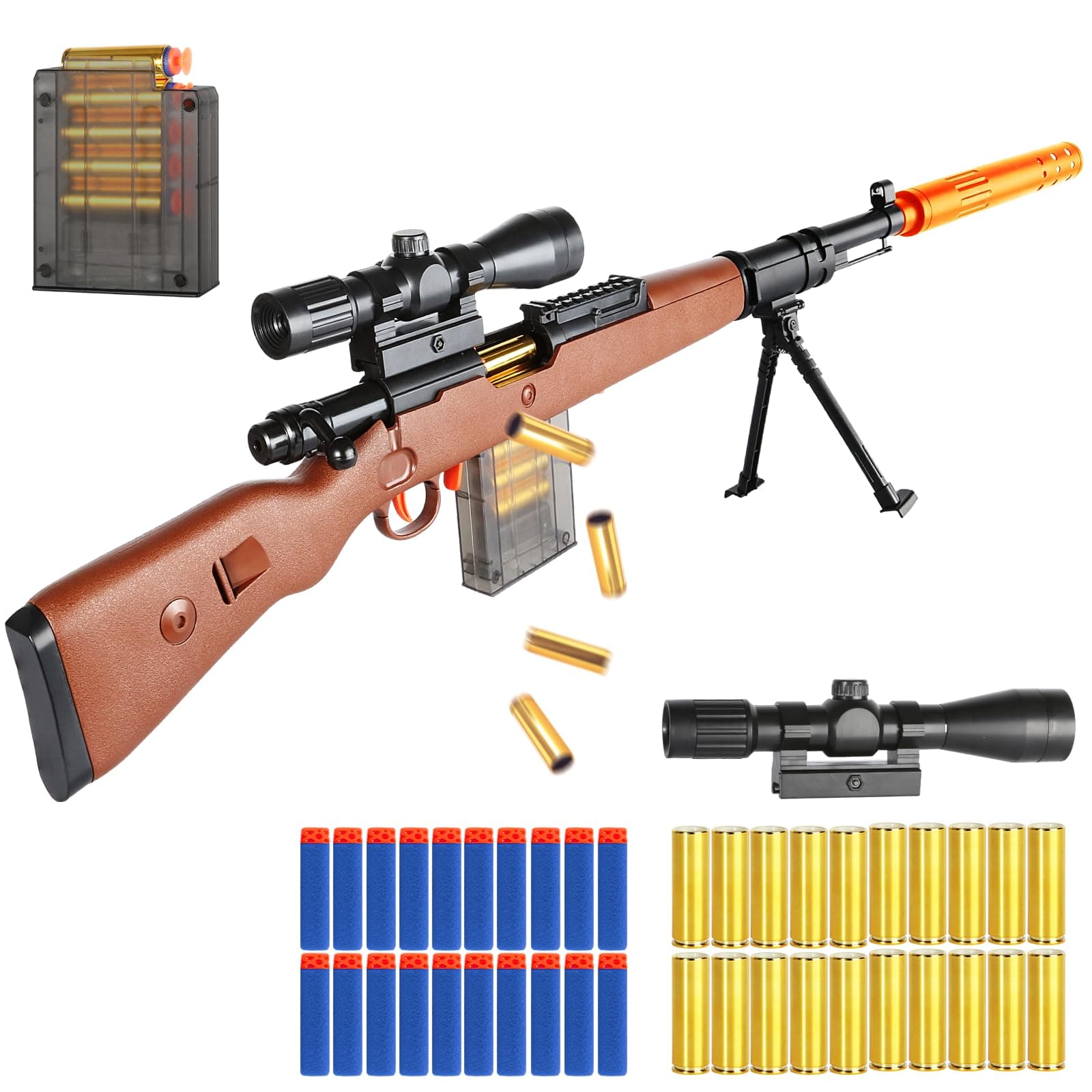 Toy Sniper Rifle Gun with Shell Ejecting Mechanism, Spring-Powered Pump Action, Realistic Design for Outdoor Shooting Games & Collectors, Safe Foam Bullets for Kids Ages 8+