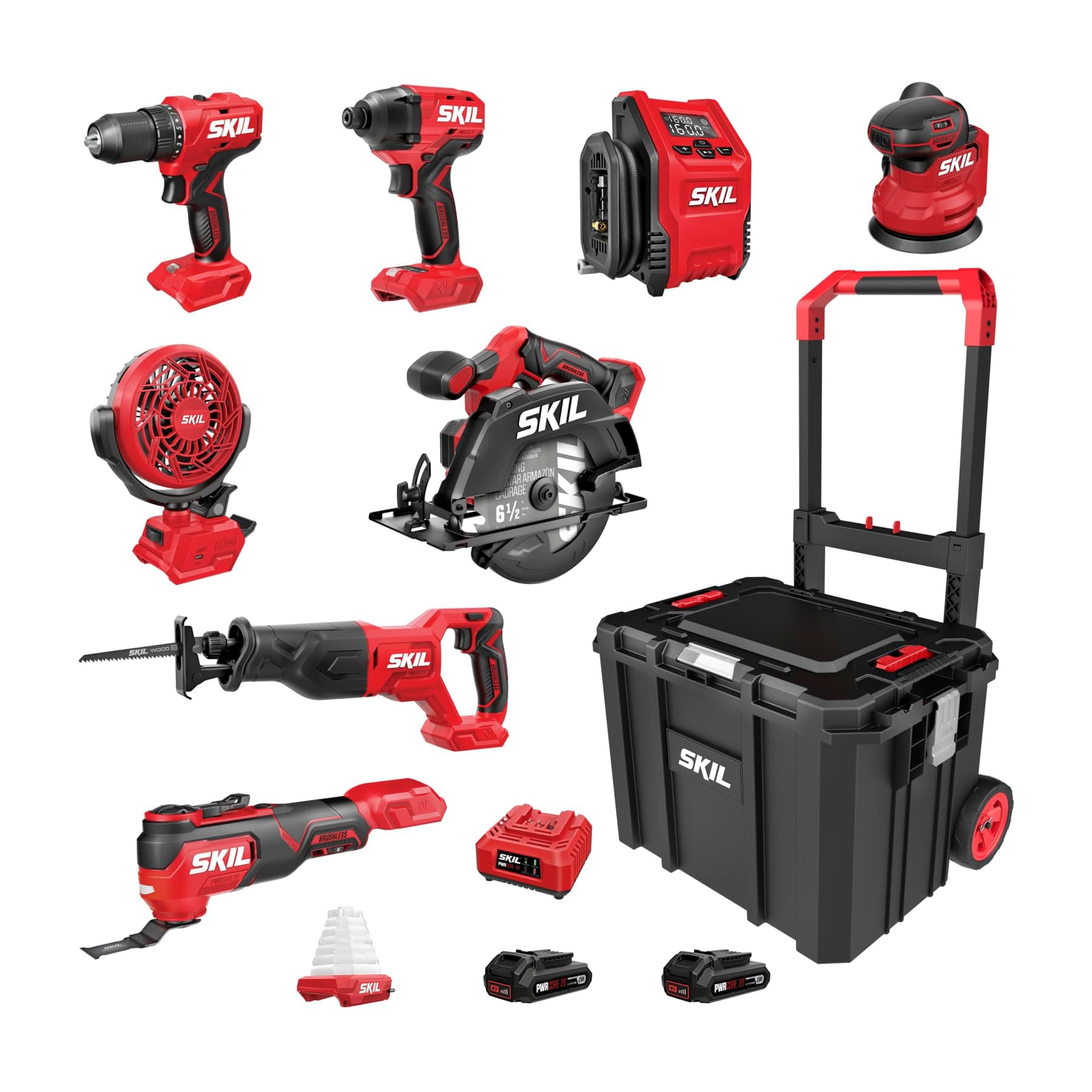 SKIL PWR CORE 20V Brushless 9-Tool Power Tool Combo Kit Including 2 * 2.0Ah Batteries, Charger, and Rolling Tool Box -CB8009B-20