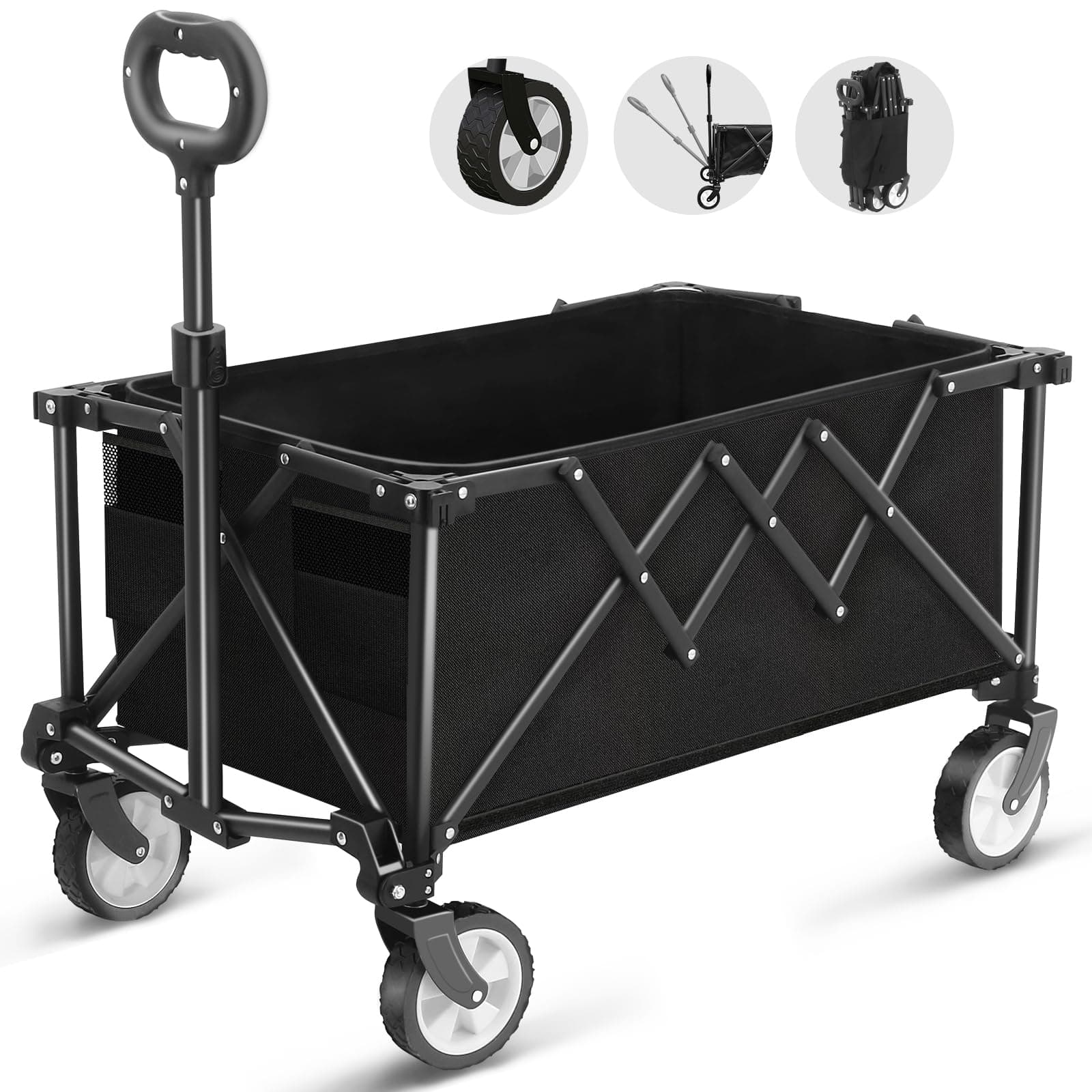 Folding Trolley Cart, Foldable Wagon Cart with Adjustable Handle, Utility Outdoor Garden Trailer for Camping, Picnic, Shopping, Move