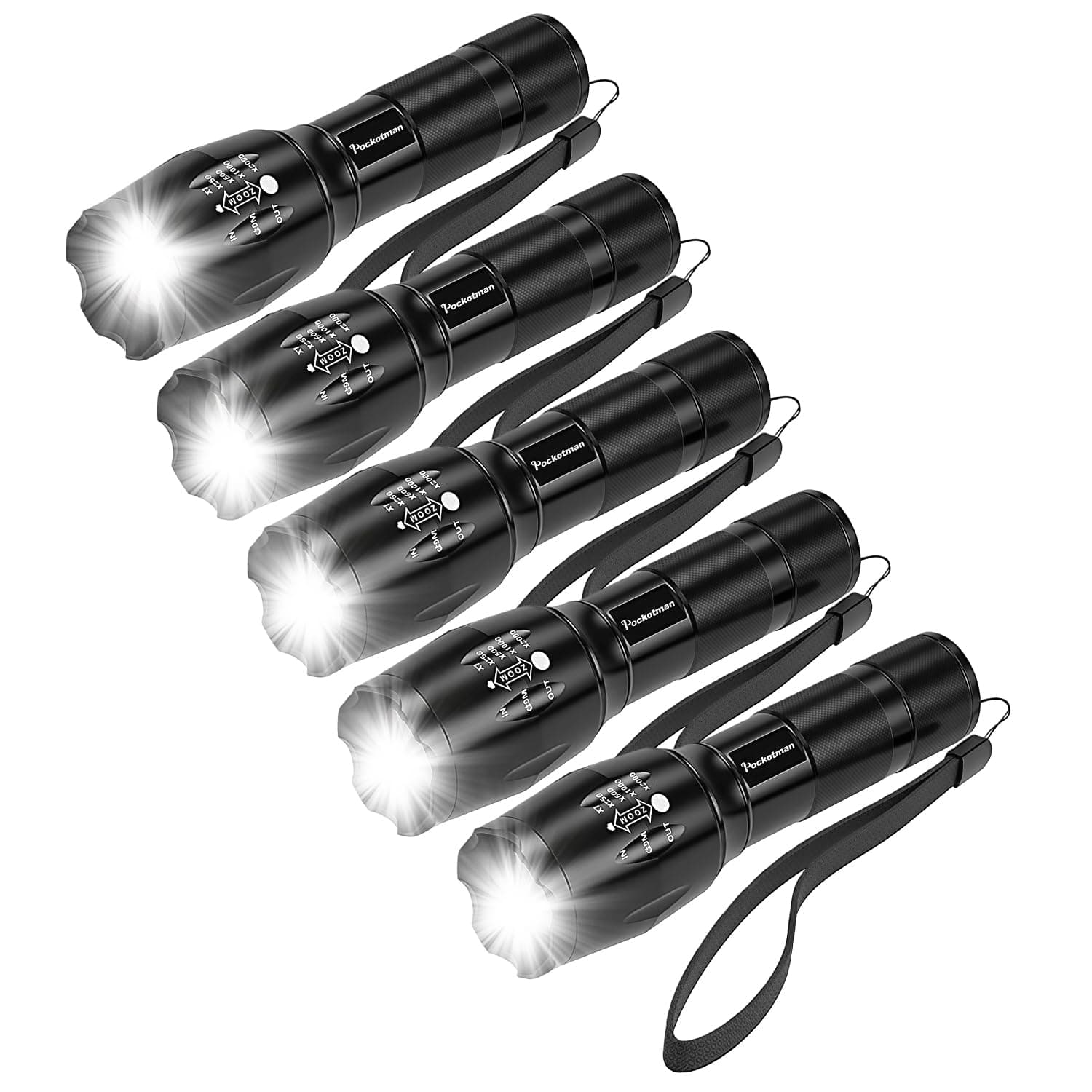Pocketman 5 Pack, Led Tactical Flashlight Water Resistant Handheld Torch with 5 Modes and Adjustable Focus