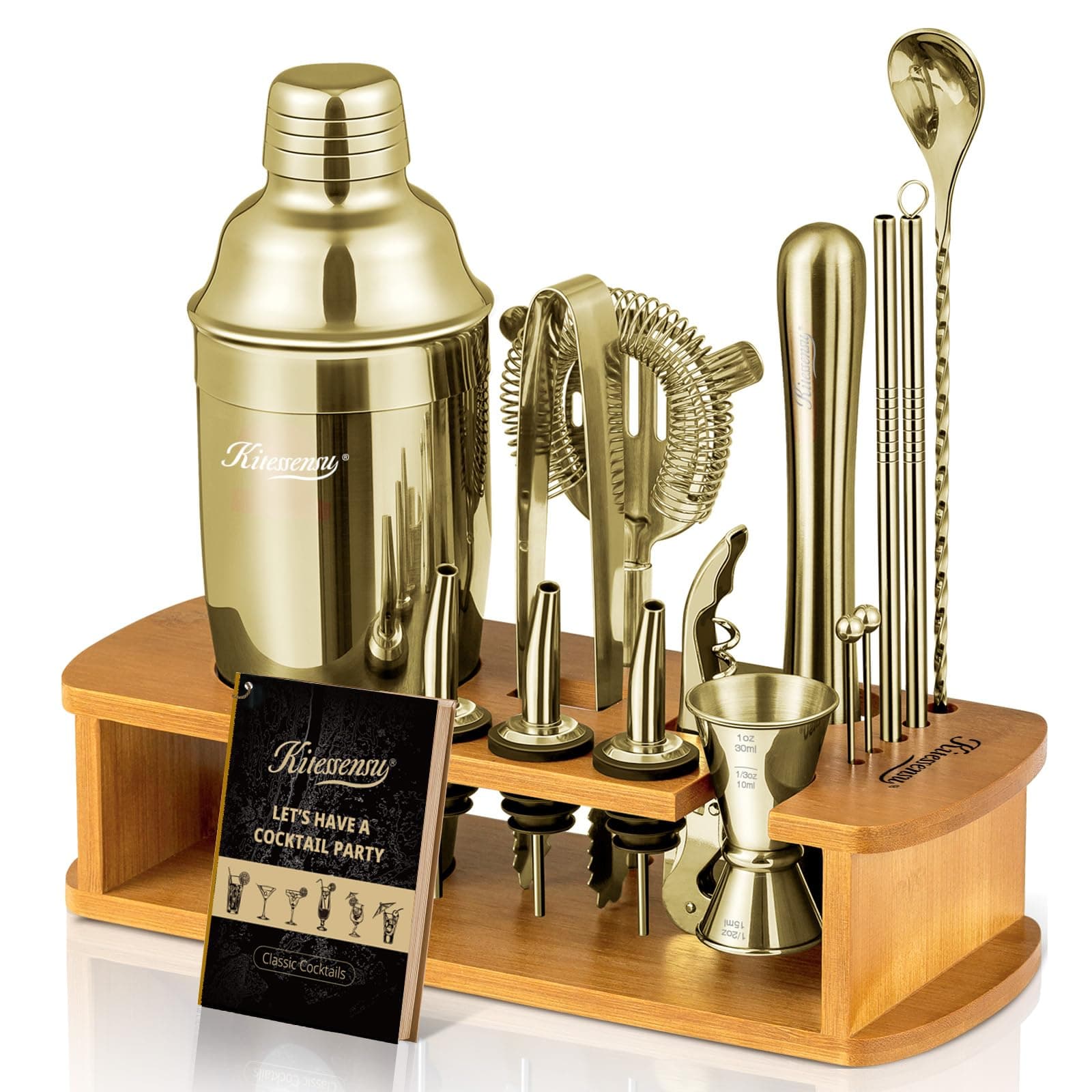 KITESSENSU Cocktail Shaker Set Bartender Kit with Stand | Bar Set Drink Mixer Set with All Essential Accessory Tools: Martini Shaker, Jigger, Strainer, Mixer Spoon, Muddler |Champagne Gold