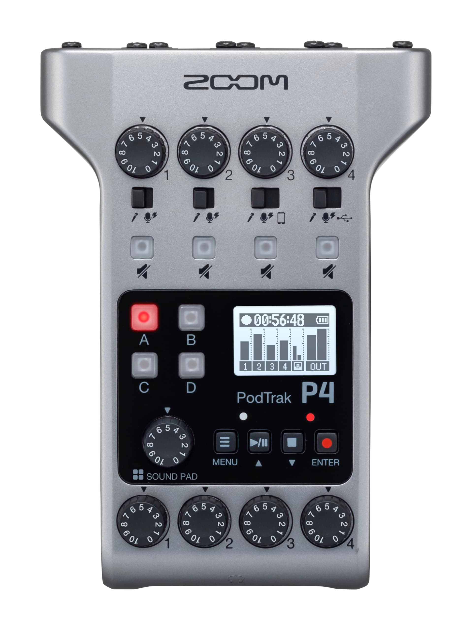 PodTrak P4 Podcast Recorder, Battery Powered, 4 Microphone Inputs, 4 Headphone Outputs, Phone and USB Input for Remote Interviews, Sound Pads, 2-In/2-Out Audio Interface