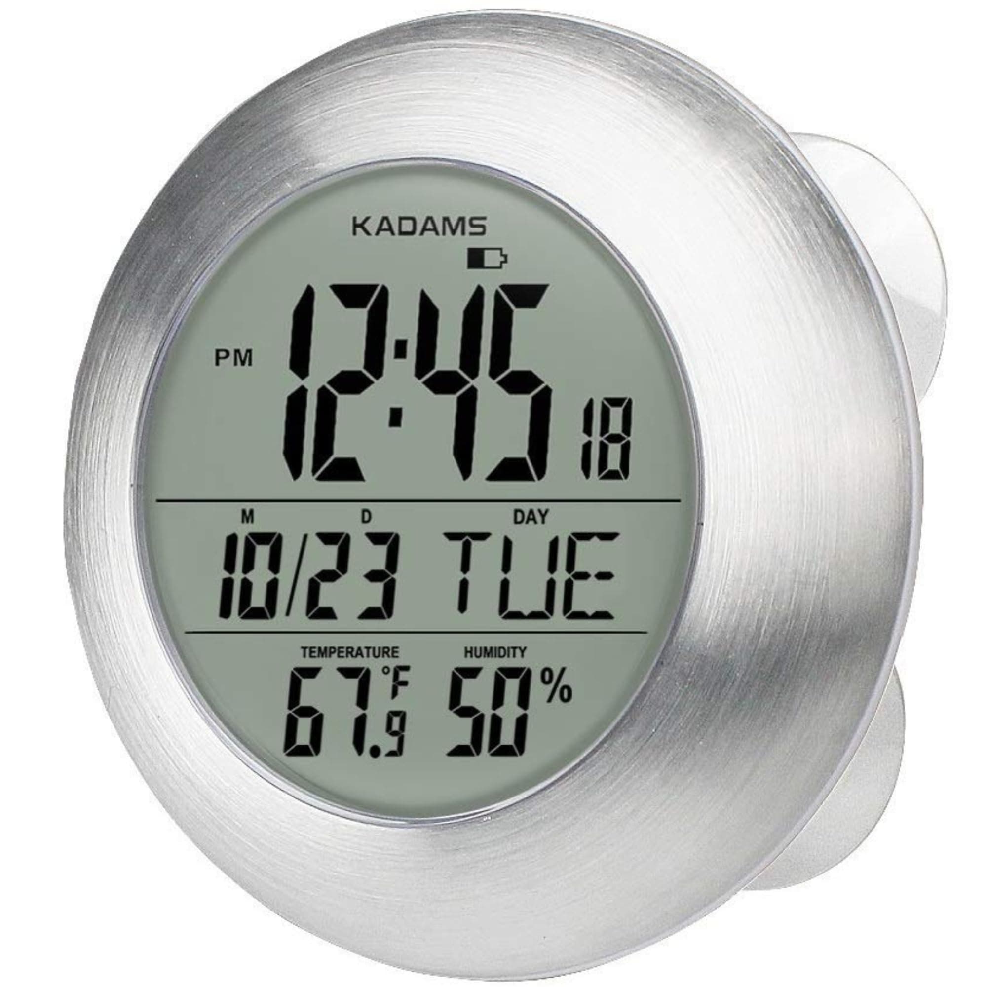 KADAMS Bathroom Shower Digital Wall Clock Large LCD Screen - Kitchen Clock - Water Resistant Timer - Seconds Counter - Temperature & Humidity Display - Multiple Mounting Options, Silver